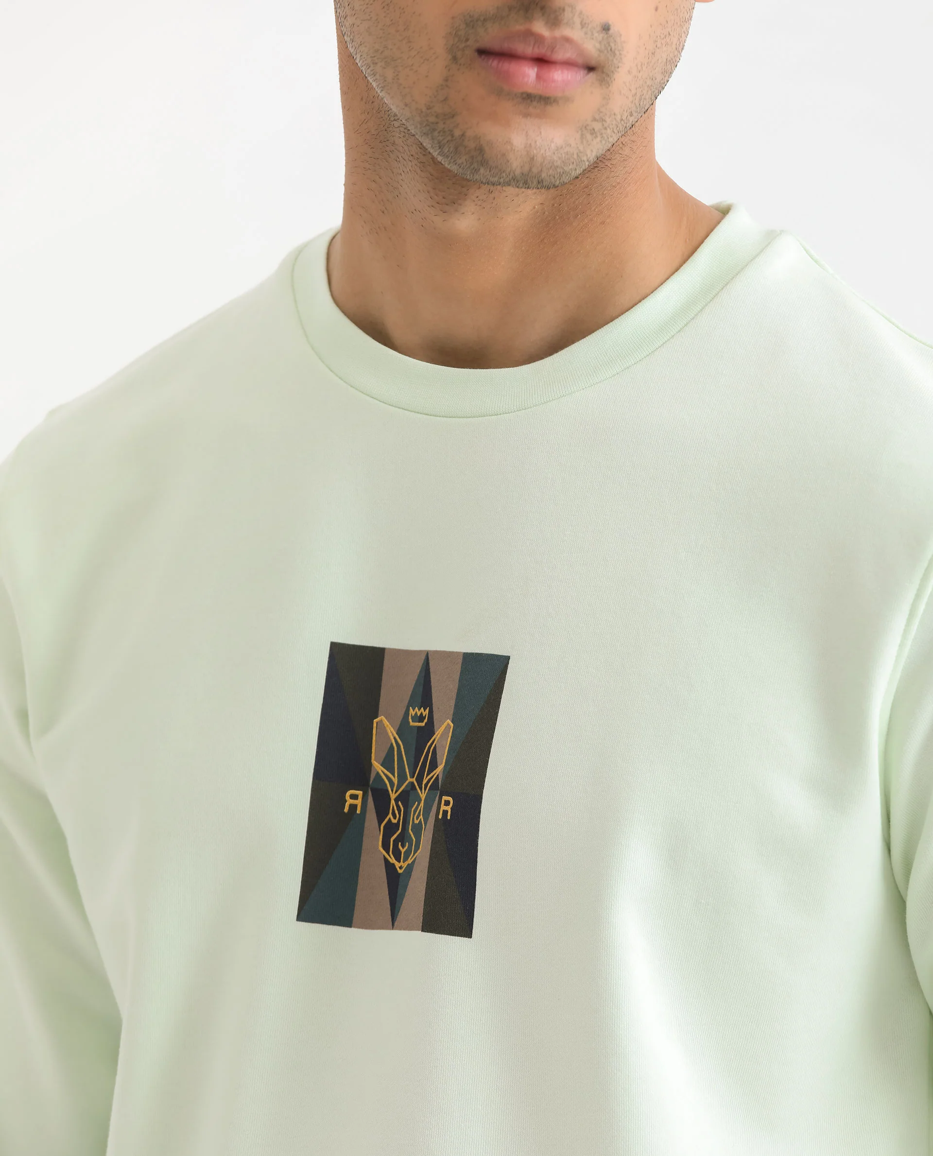 Rare Rabbit Men's Gatlin Green Cotton Graphic Print Regular Fit Full Sleeve Crew Neck Sweatshirt - Image 2