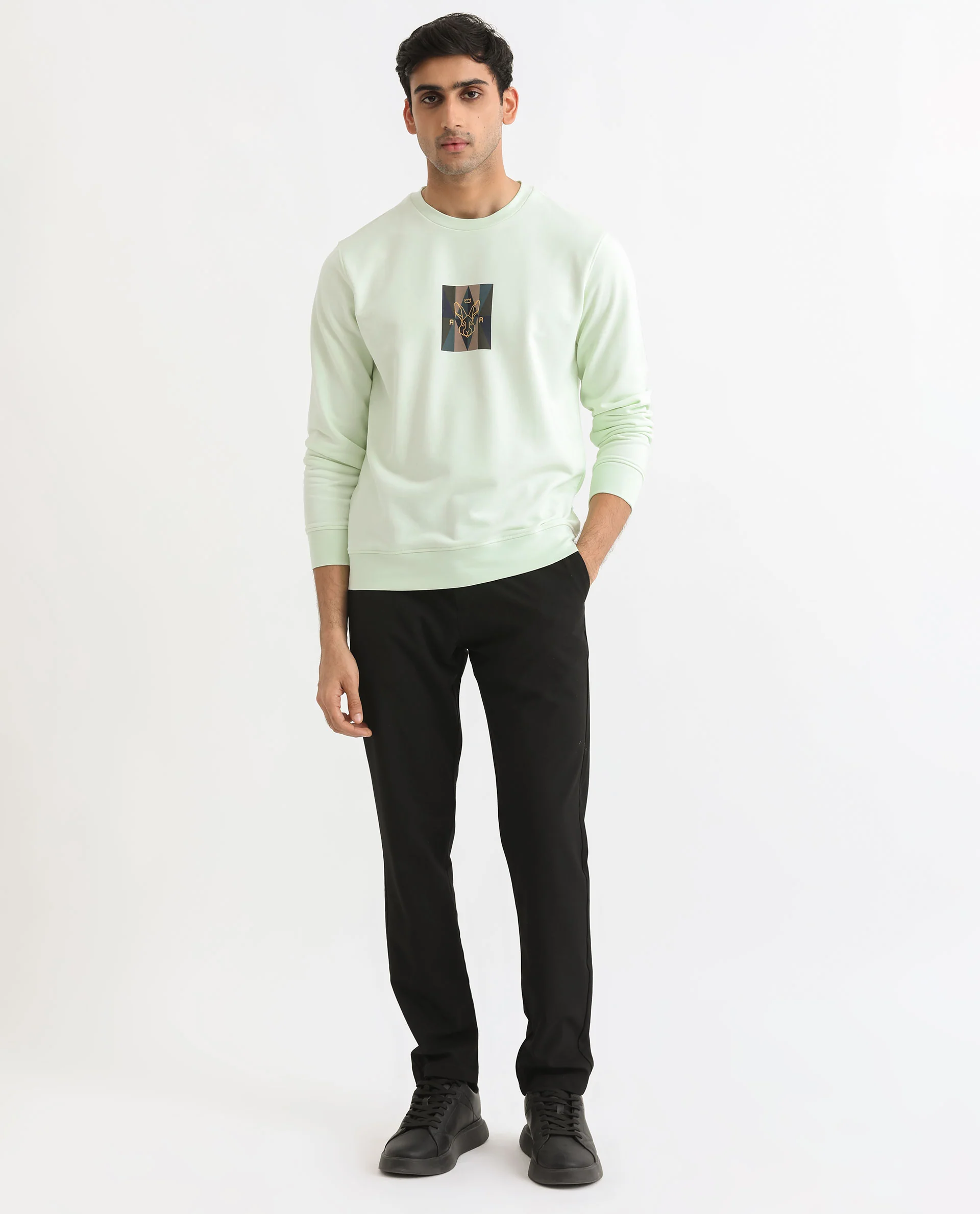 Rare Rabbit Men's Gatlin Green Cotton Graphic Print Regular Fit Full Sleeve Crew Neck Sweatshirt - Image 3