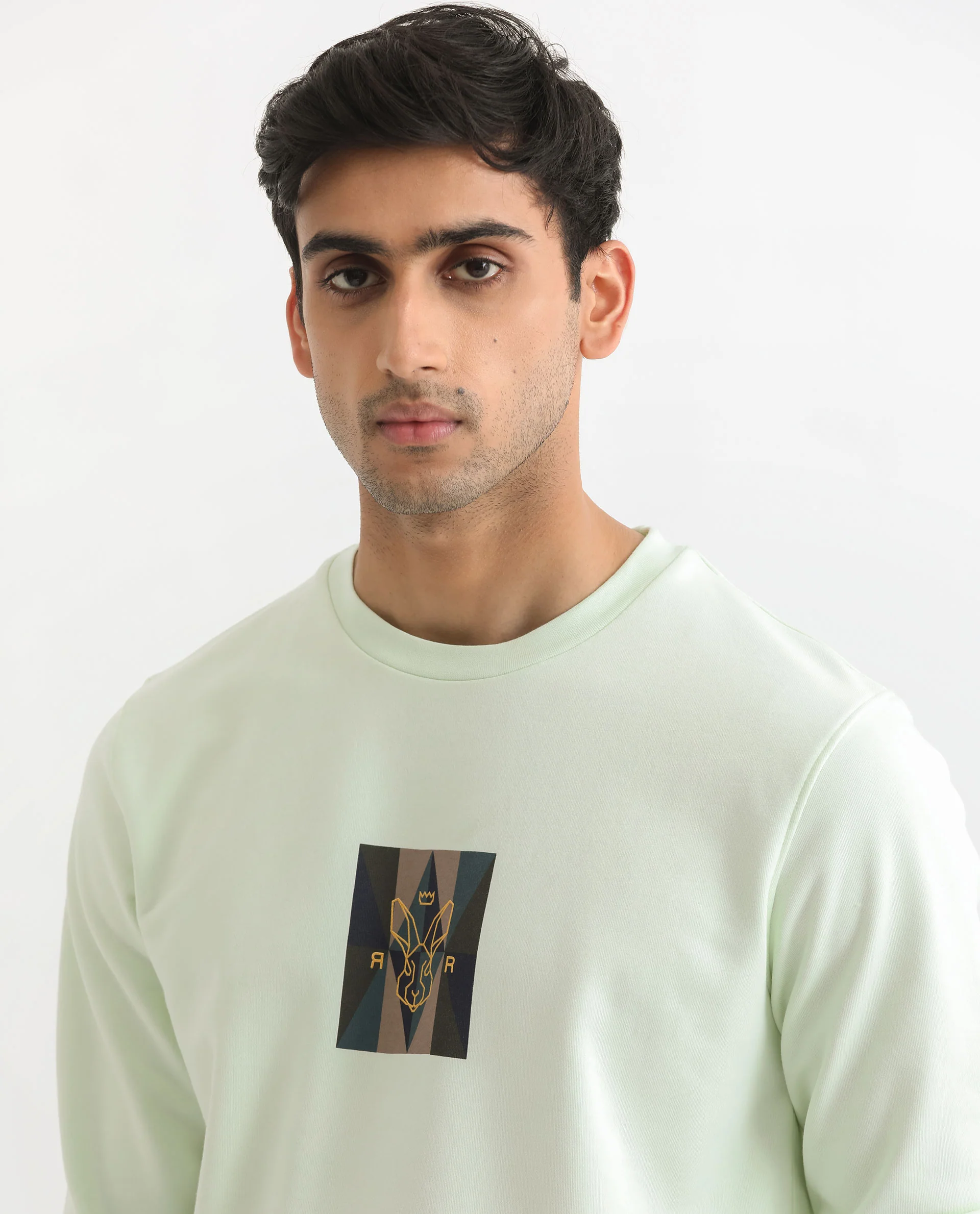 Rare Rabbit Men's Gatlin Green Cotton Graphic Print Regular Fit Full Sleeve Crew Neck Sweatshirt - Image 4