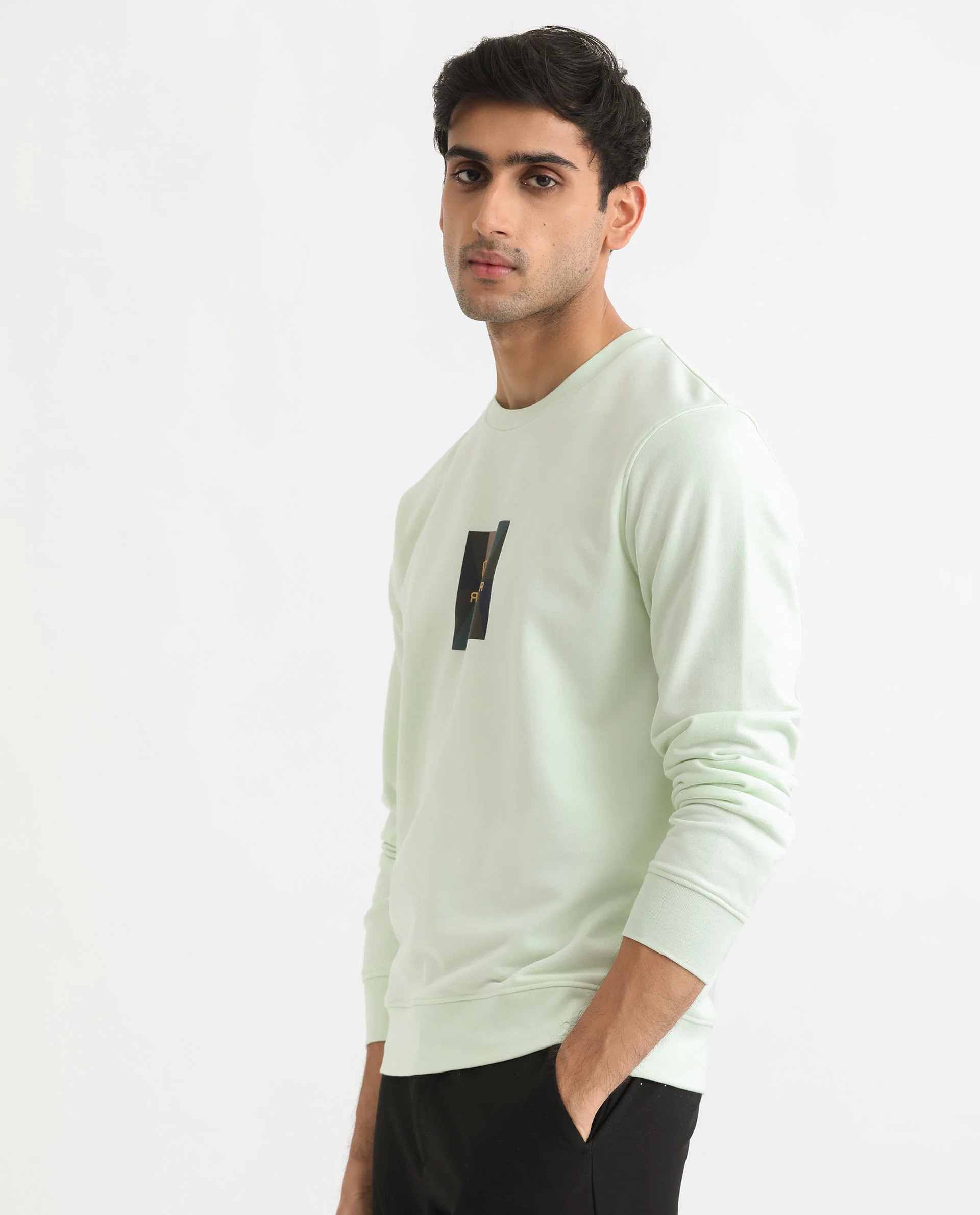 Rare Rabbit Men's Gatlin Green Cotton Graphic Print Regular Fit Full Sleeve Crew Neck Sweatshirt - Image 5