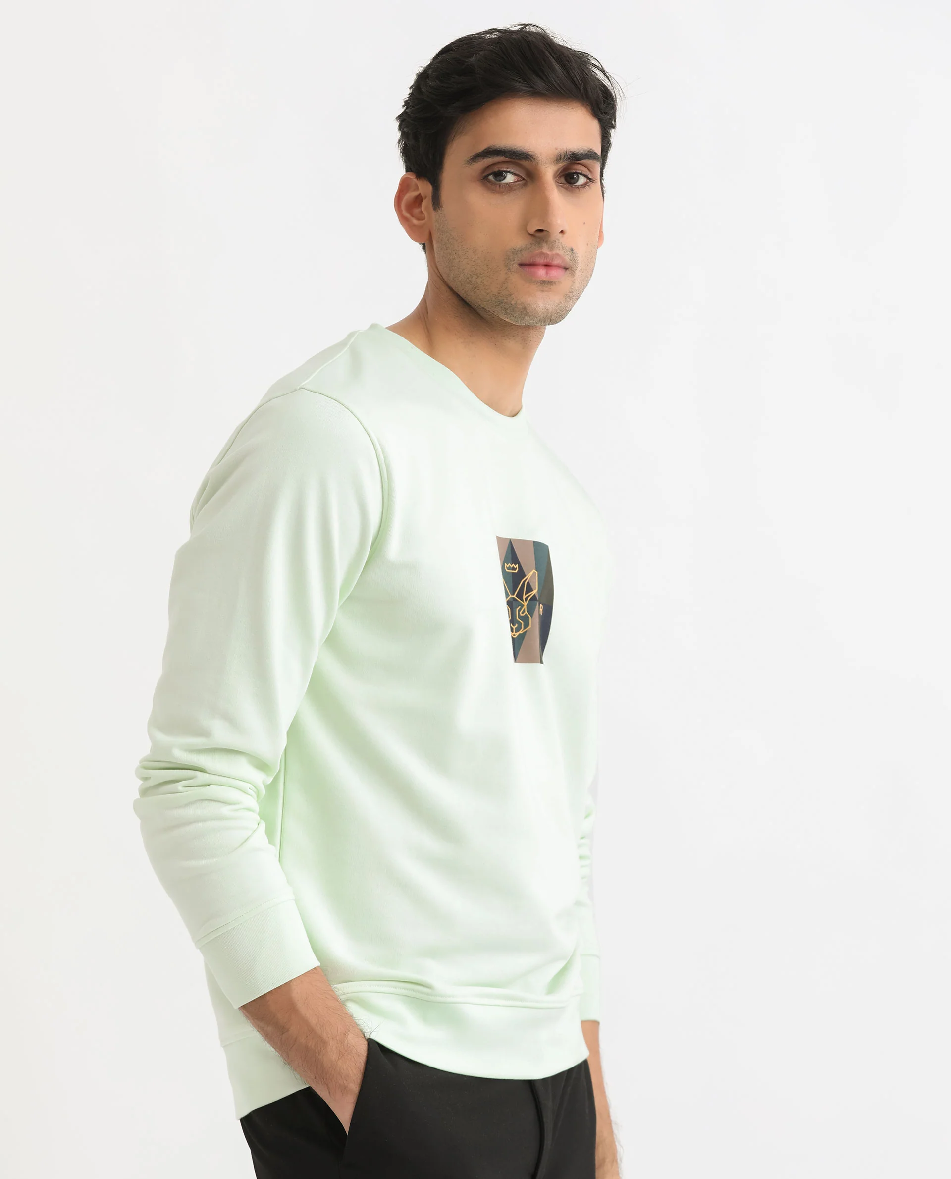 Rare Rabbit Men's Gatlin Green Cotton Graphic Print Regular Fit Full Sleeve Crew Neck Sweatshirt - Image 6