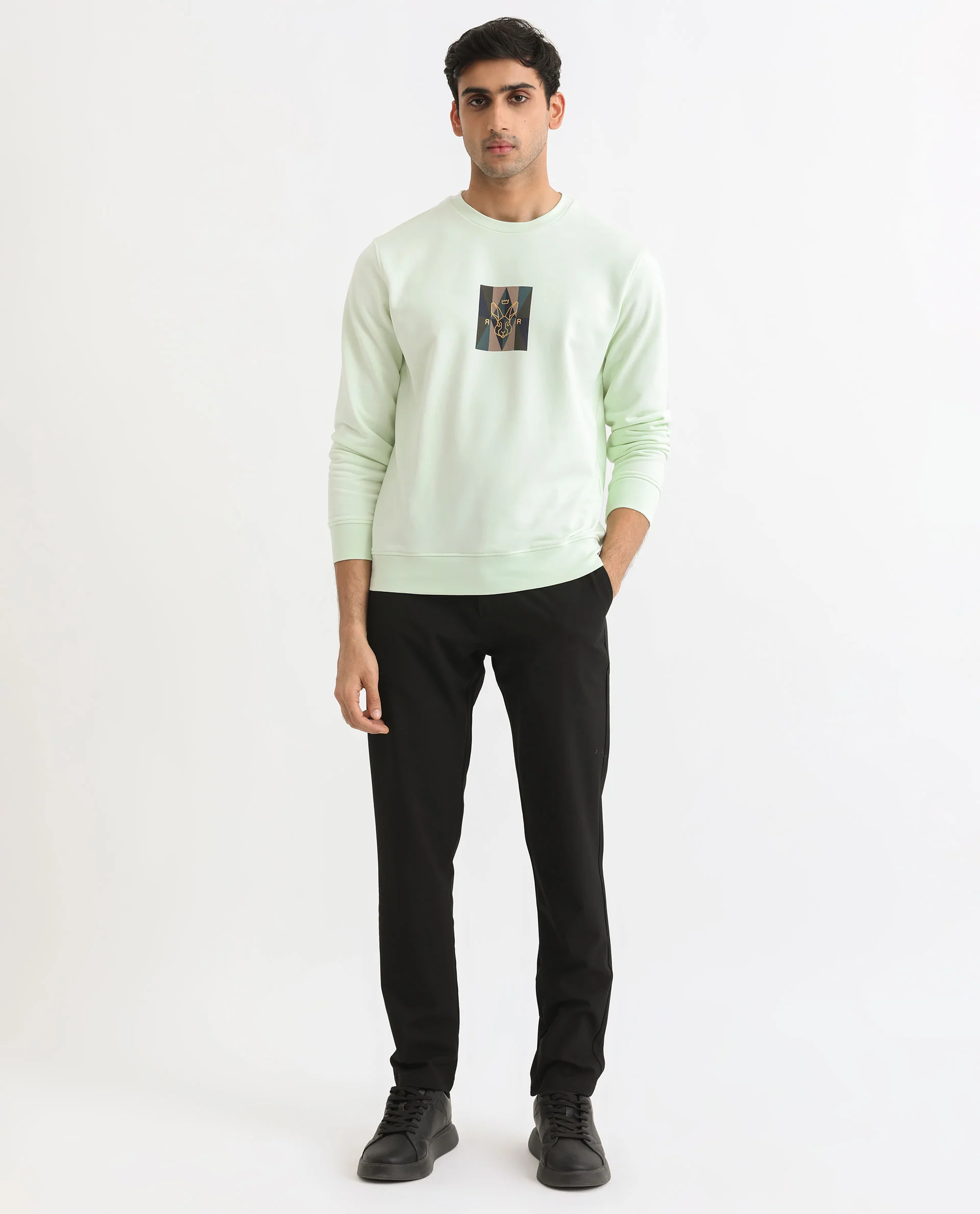 Rare Rabbit Men's Gatlin Green Cotton Graphic Print Regular Fit Full Sleeve Crew Neck Sweatshirt - Image 8