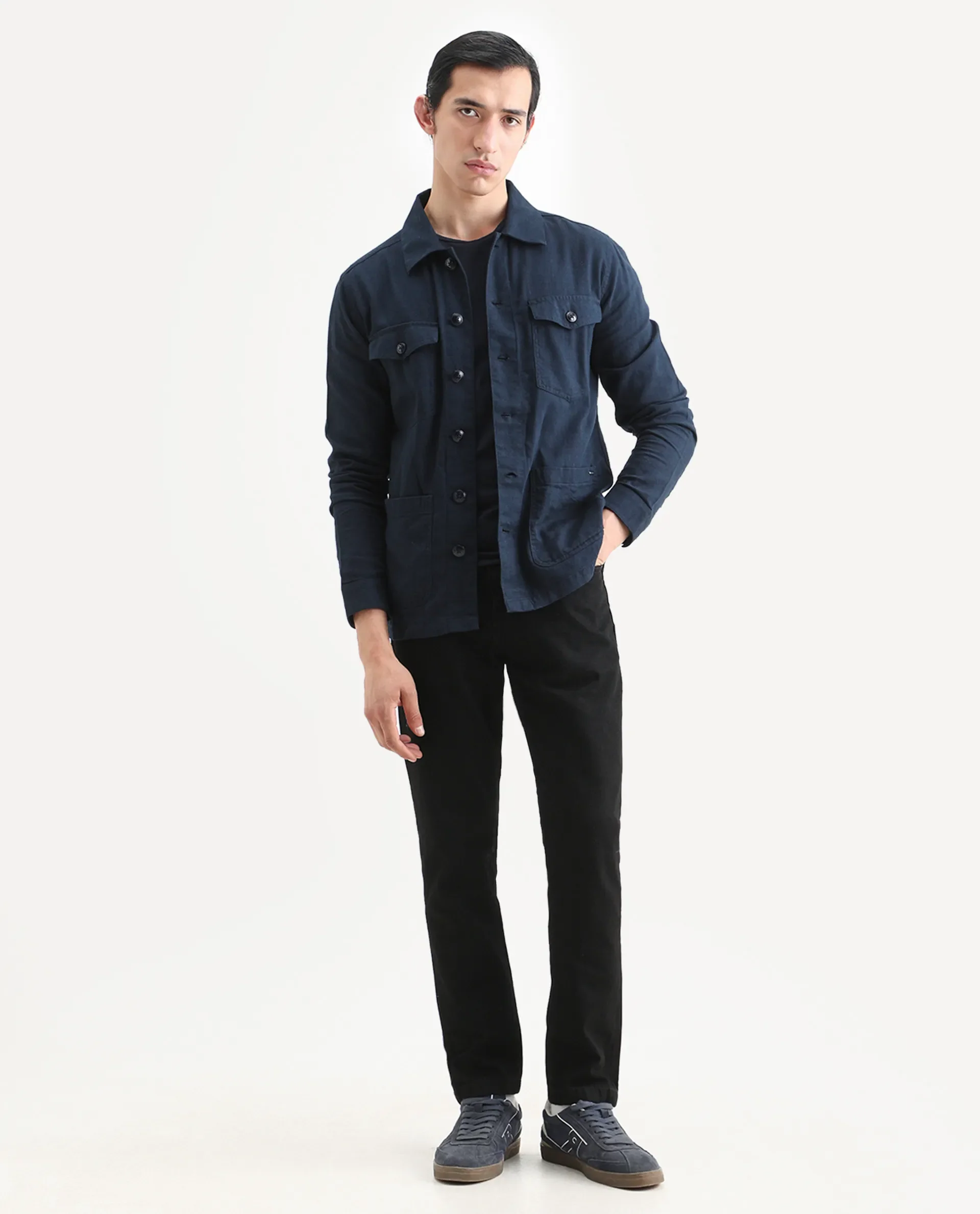 Rare Rabbit Men's Gatter Navy Linen Blend Plain Relaxed Fit Full Sleeve Spread Collar Jacket - Image 2