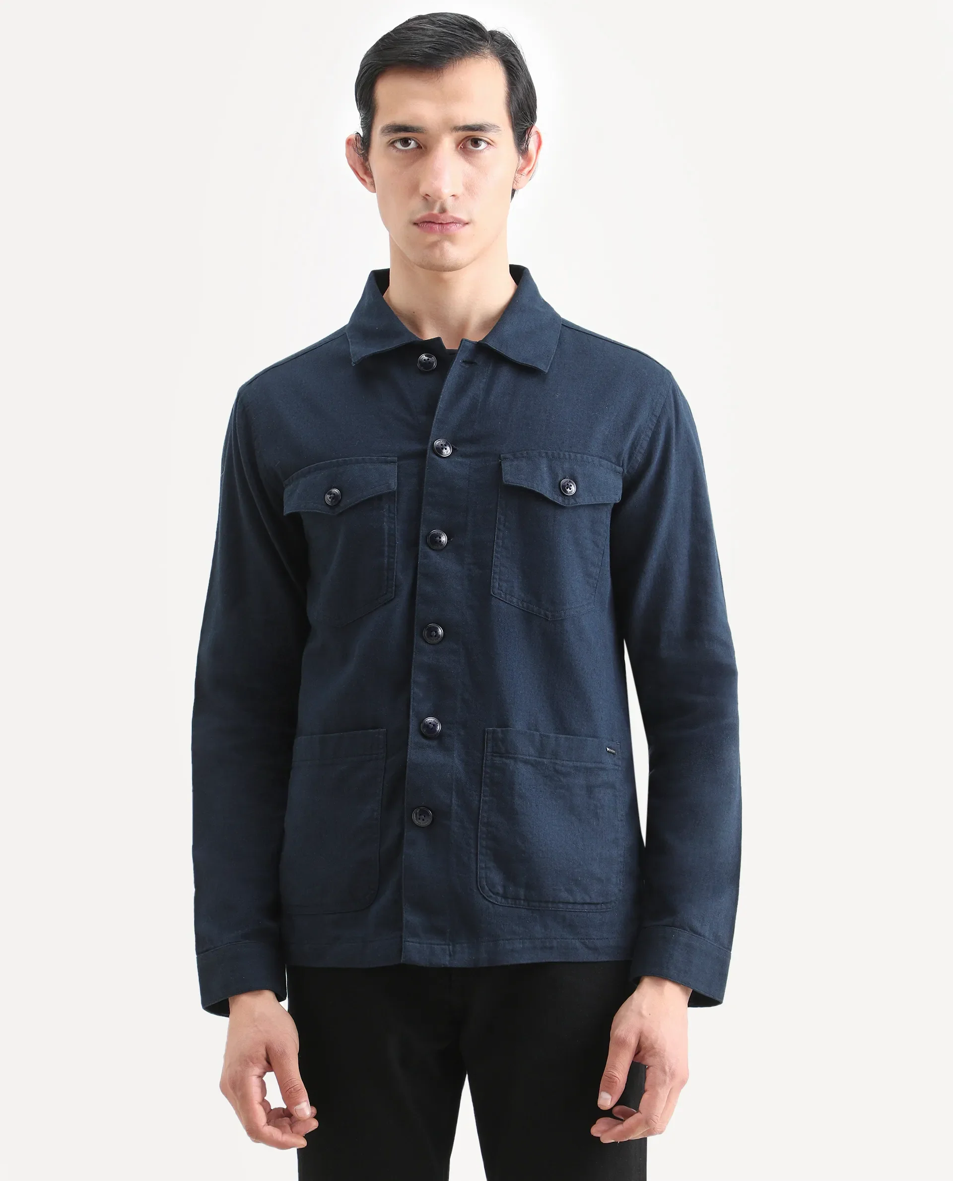 Rare Rabbit Men's Gatter Navy Linen Blend Plain Relaxed Fit Full Sleeve Spread Collar Jacket - Image 3