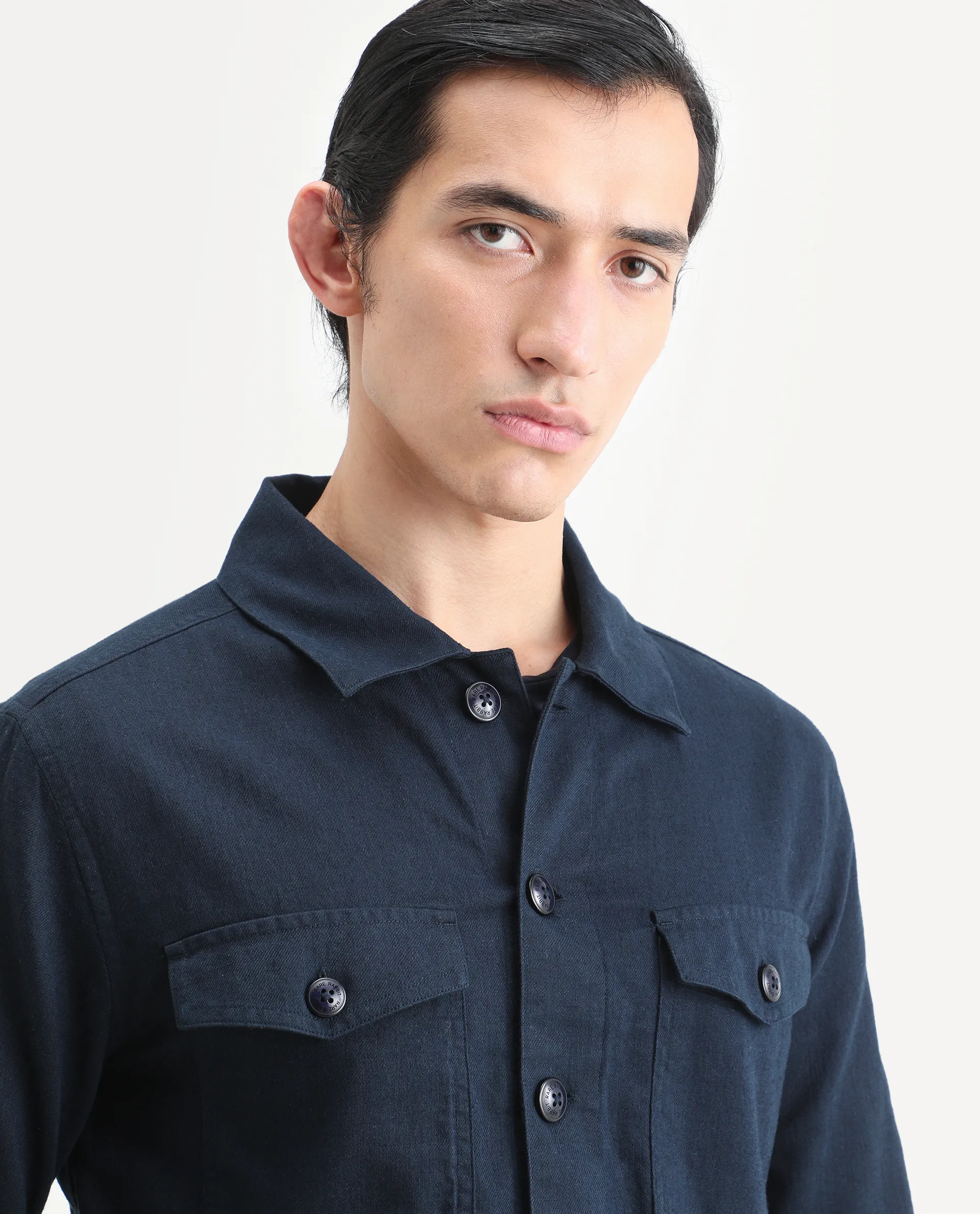 Rare Rabbit Men's Gatter Navy Linen Blend Plain Relaxed Fit Full Sleeve Spread Collar Jacket - Image 4