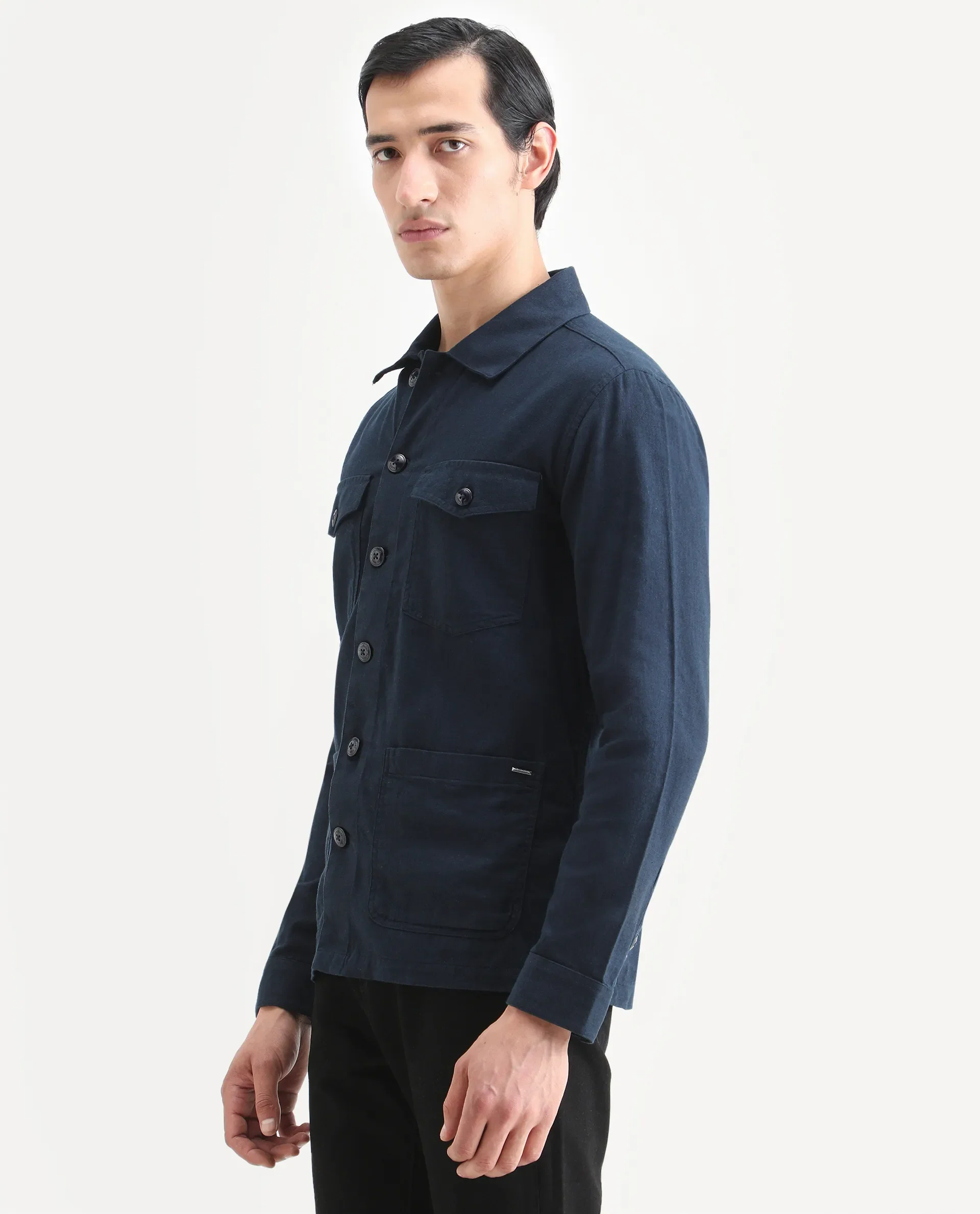 Rare Rabbit Men's Gatter Navy Linen Blend Plain Relaxed Fit Full Sleeve Spread Collar Jacket - Image 7
