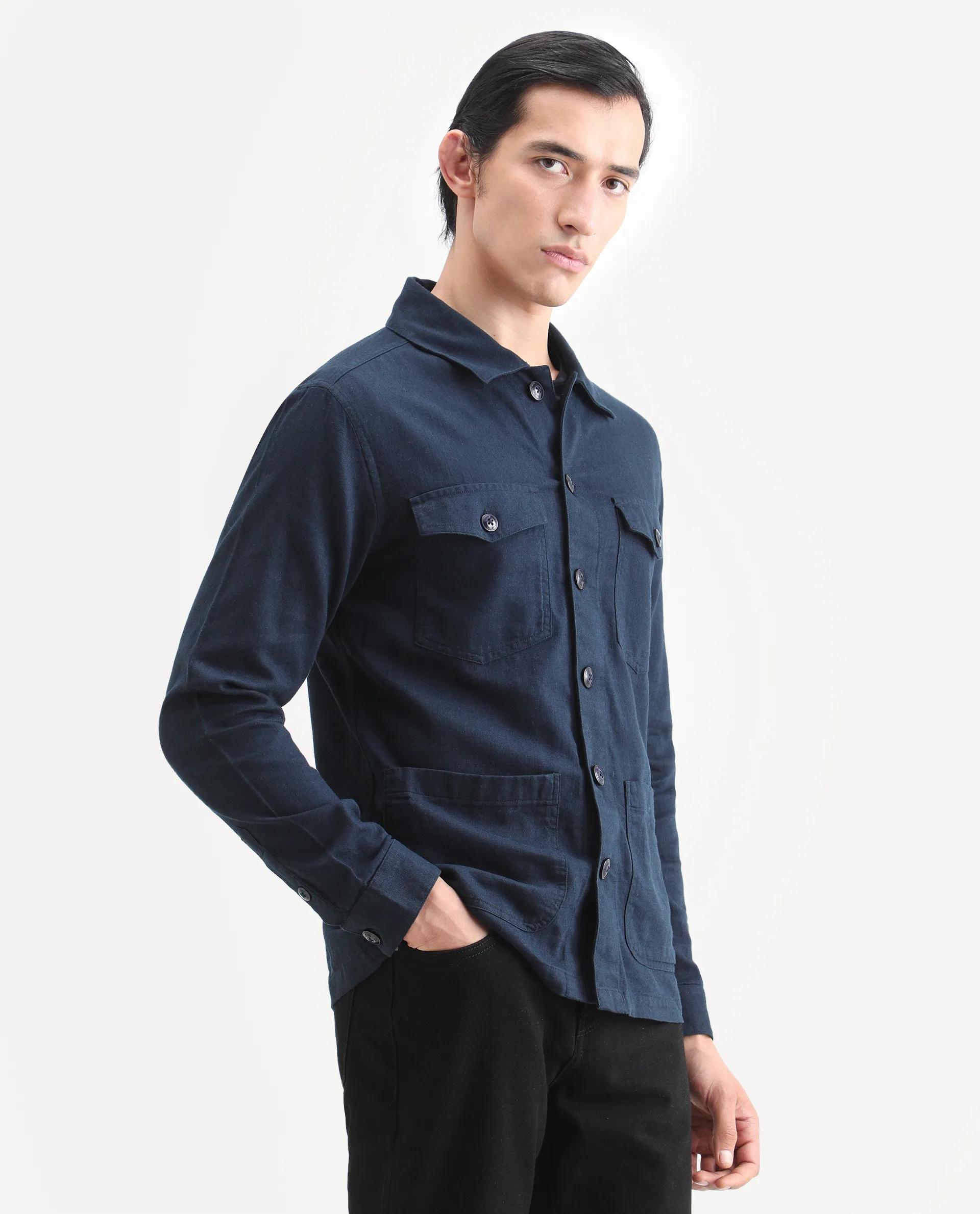 Rare Rabbit Men's Gatter Navy Linen Blend Plain Relaxed Fit Full Sleeve Spread Collar Jacket - Image 8