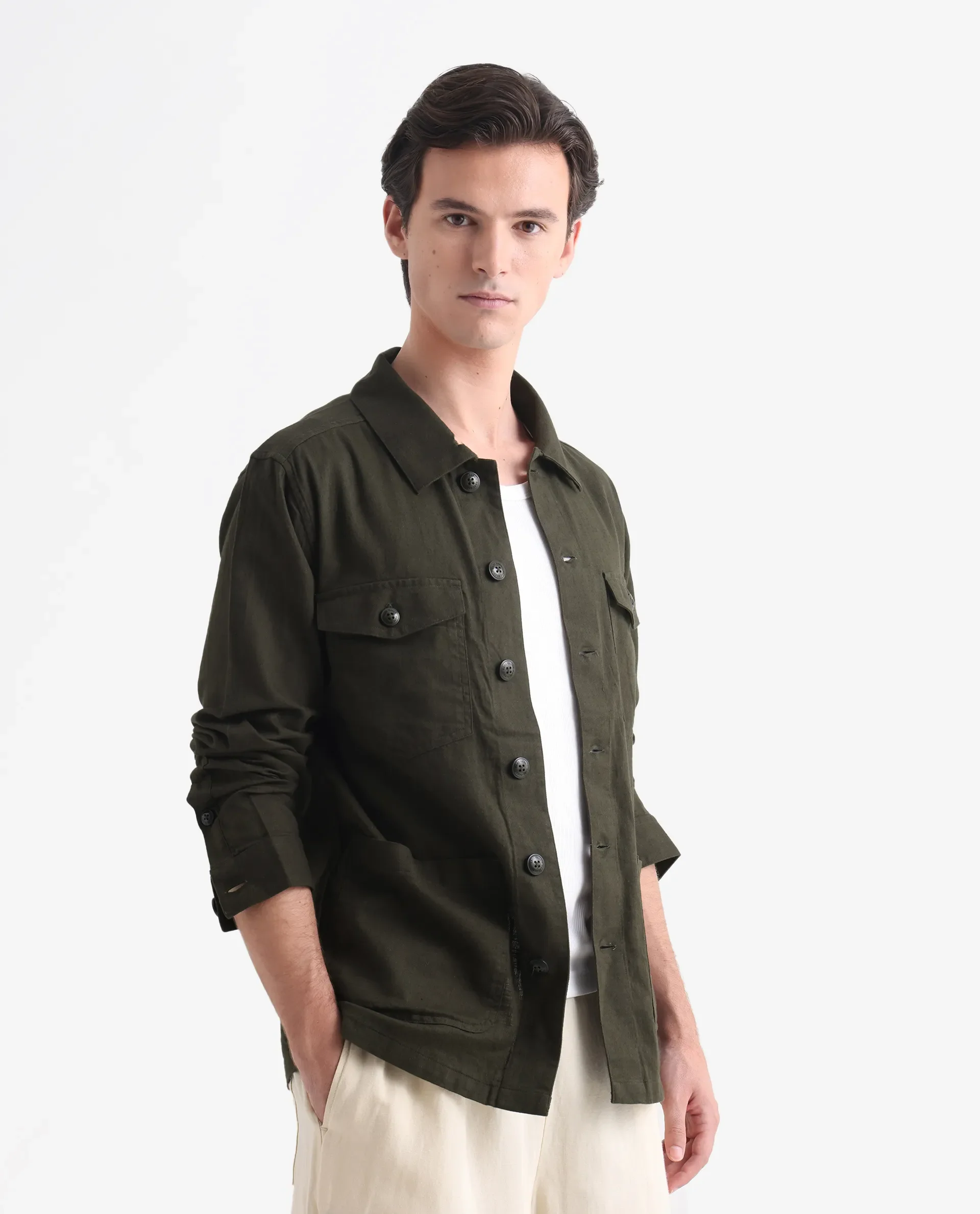Rare Rabbit Men's Gatter Olive Linen Blend Plain Relaxed Fit Full Sleeve Spread Collar Jacket - Image 3