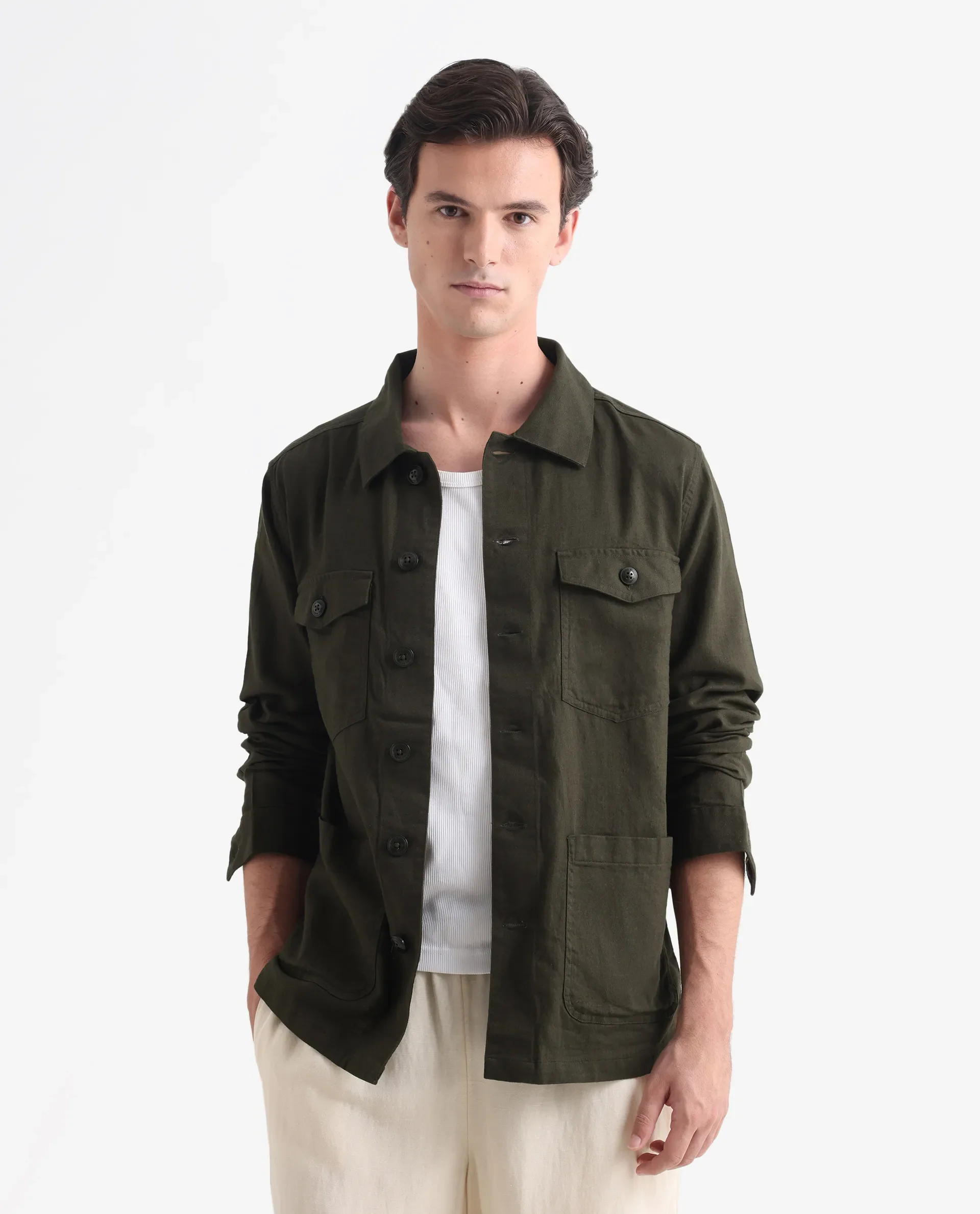 Rare Rabbit Men's Gatter Olive Linen Blend Plain Relaxed Fit Full Sleeve Spread Collar Jacket - Image 4