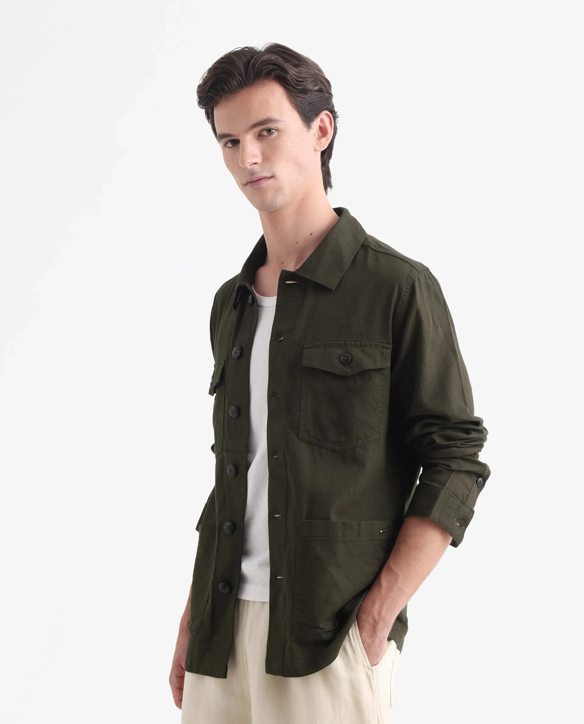 Rare Rabbit Men's Gatter Olive Linen Blend Plain Relaxed Fit Full Sleeve Spread Collar Jacket - Image 6