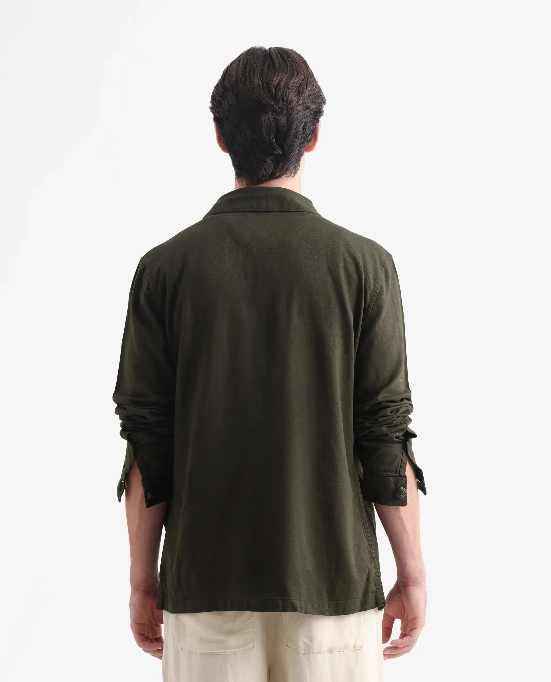 Rare Rabbit Men's Gatter Olive Linen Blend Plain Relaxed Fit Full Sleeve Spread Collar Jacket - Image 7