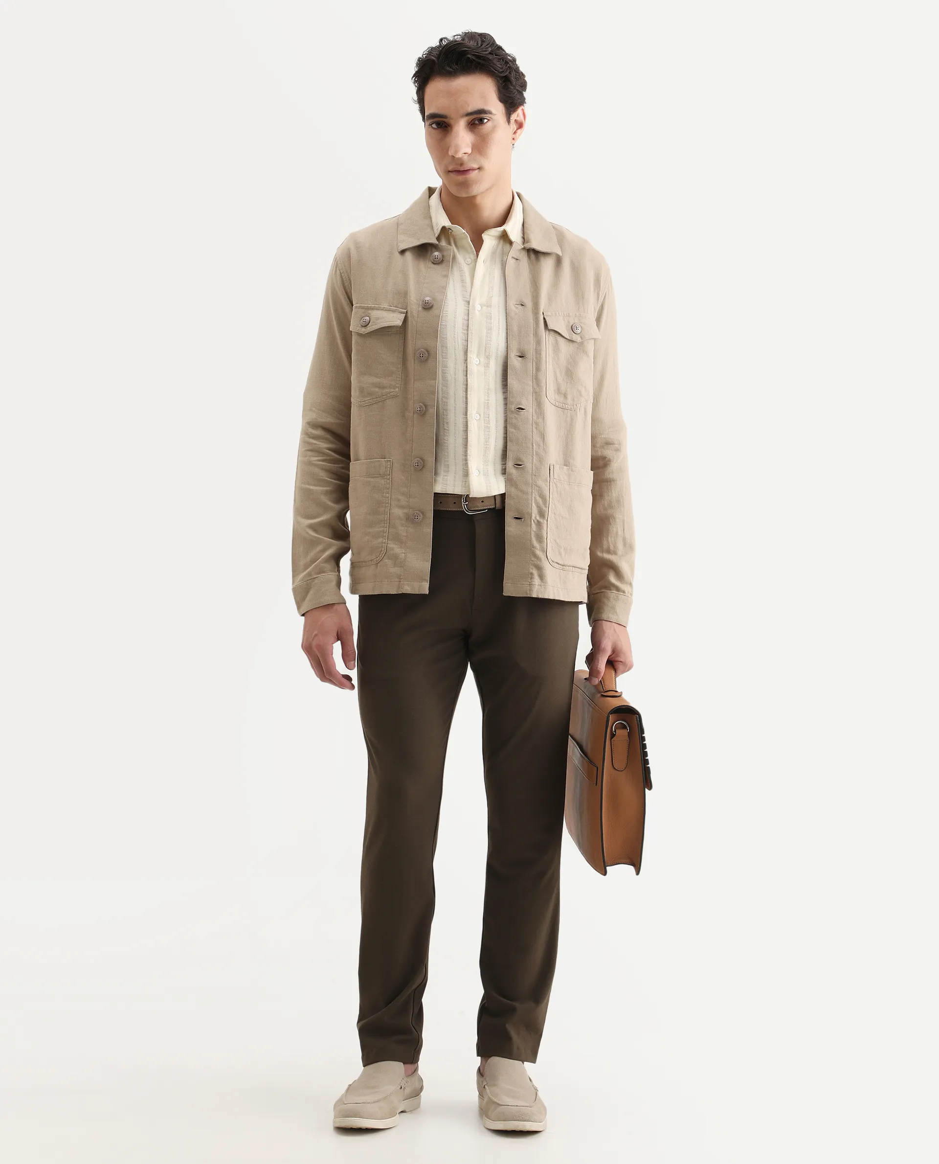 Rare Rabbit Men's Gatton Beige Linen Blend Plain Regular Fit Full Sleeve Spread Collar Jacket - Image 2