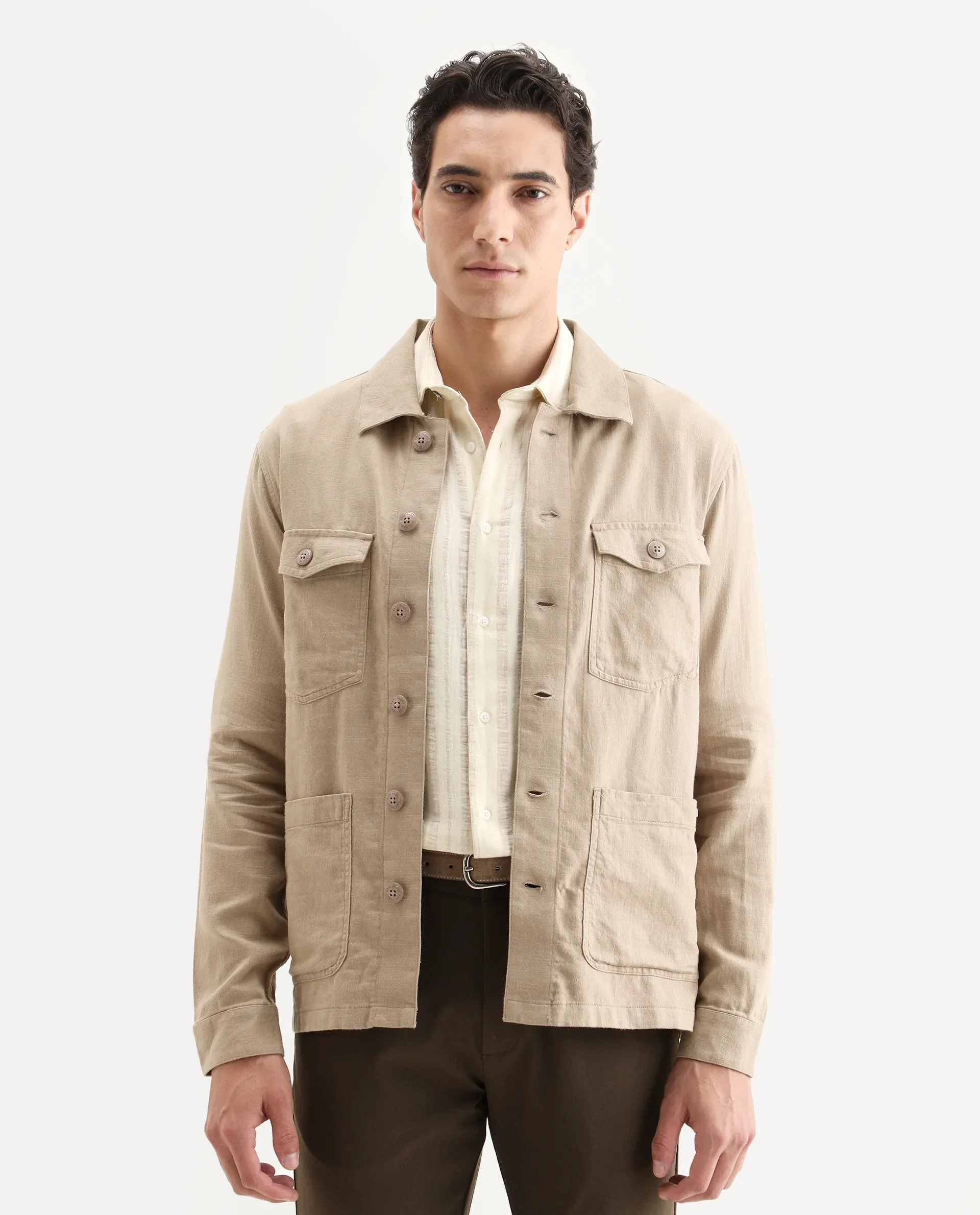 Rare Rabbit Men's Gatton Beige Linen Blend Plain Regular Fit Full Sleeve Spread Collar Jacket - Image 3
