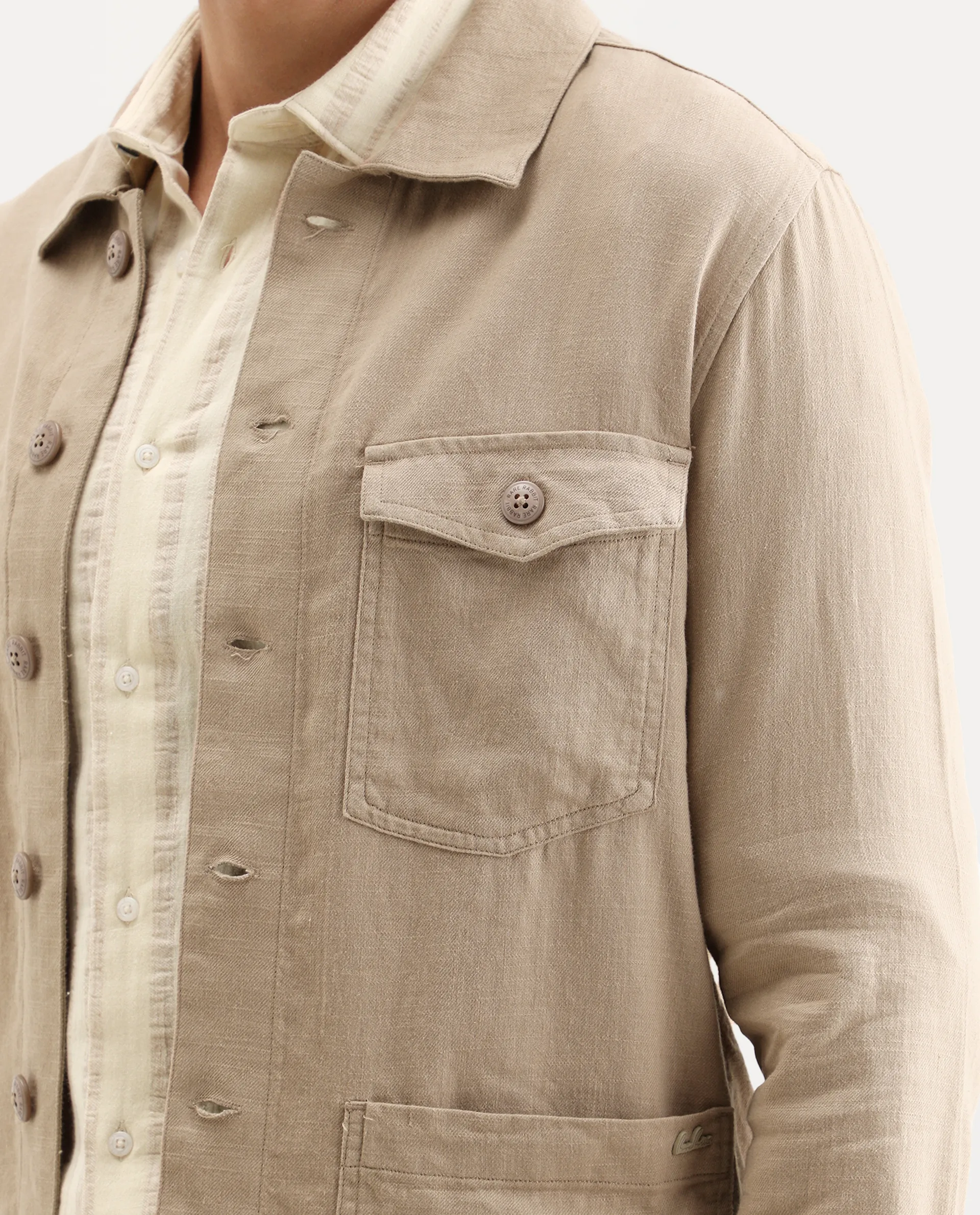 Rare Rabbit Men's Gatton Beige Linen Blend Plain Regular Fit Full Sleeve Spread Collar Jacket - Image 4