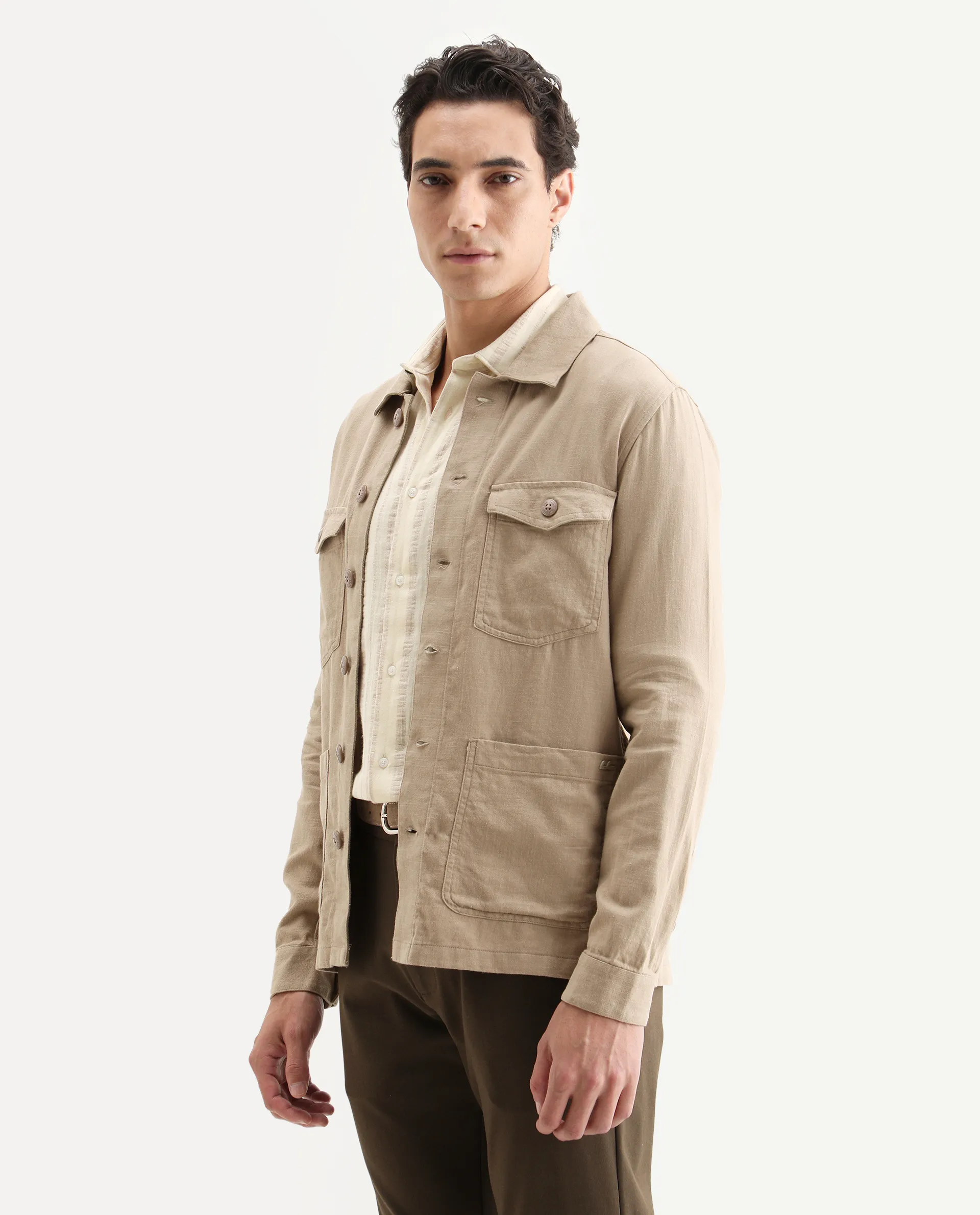 Rare Rabbit Men's Gatton Beige Linen Blend Plain Regular Fit Full Sleeve Spread Collar Jacket - Image 5