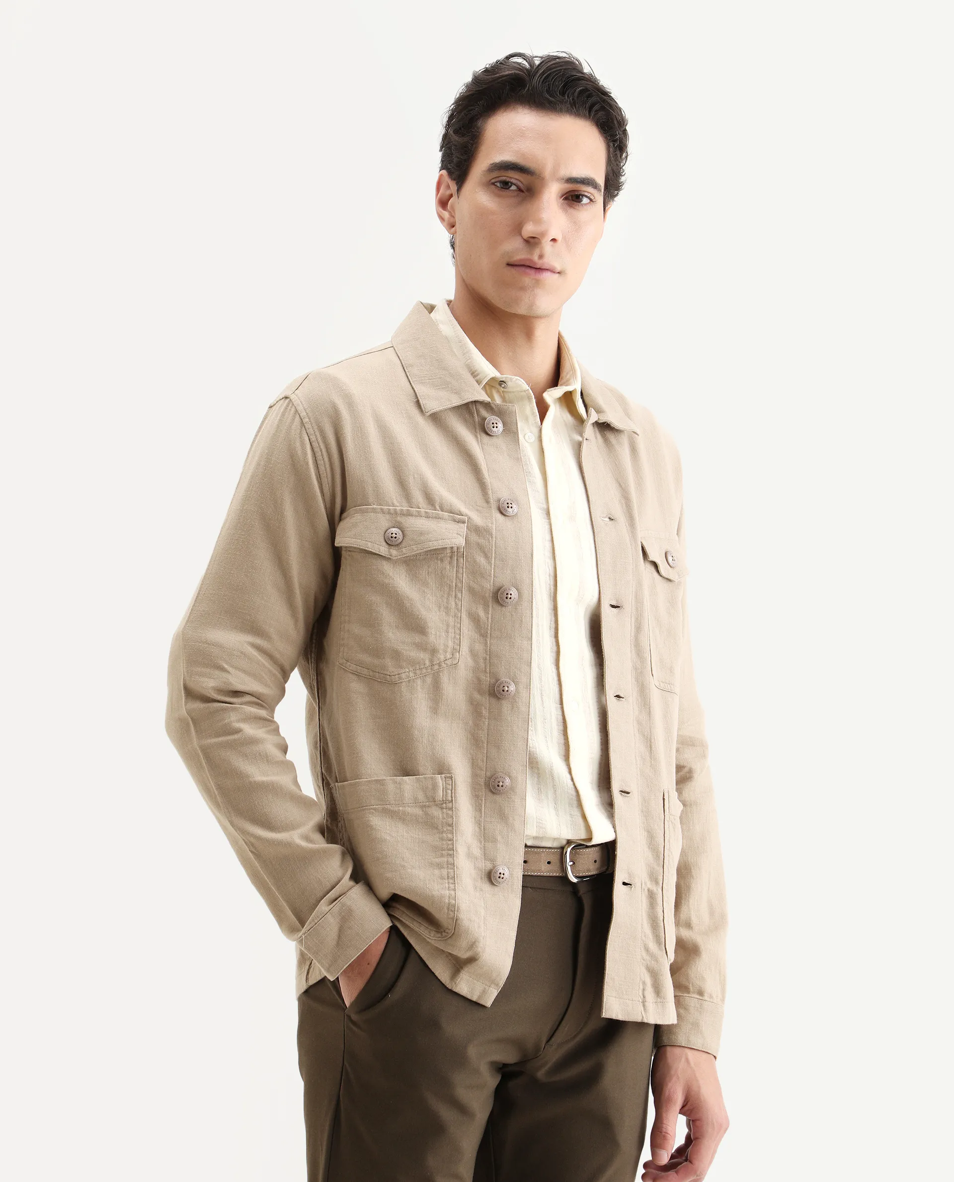 Rare Rabbit Men's Gatton Beige Linen Blend Plain Regular Fit Full Sleeve Spread Collar Jacket - Image 6