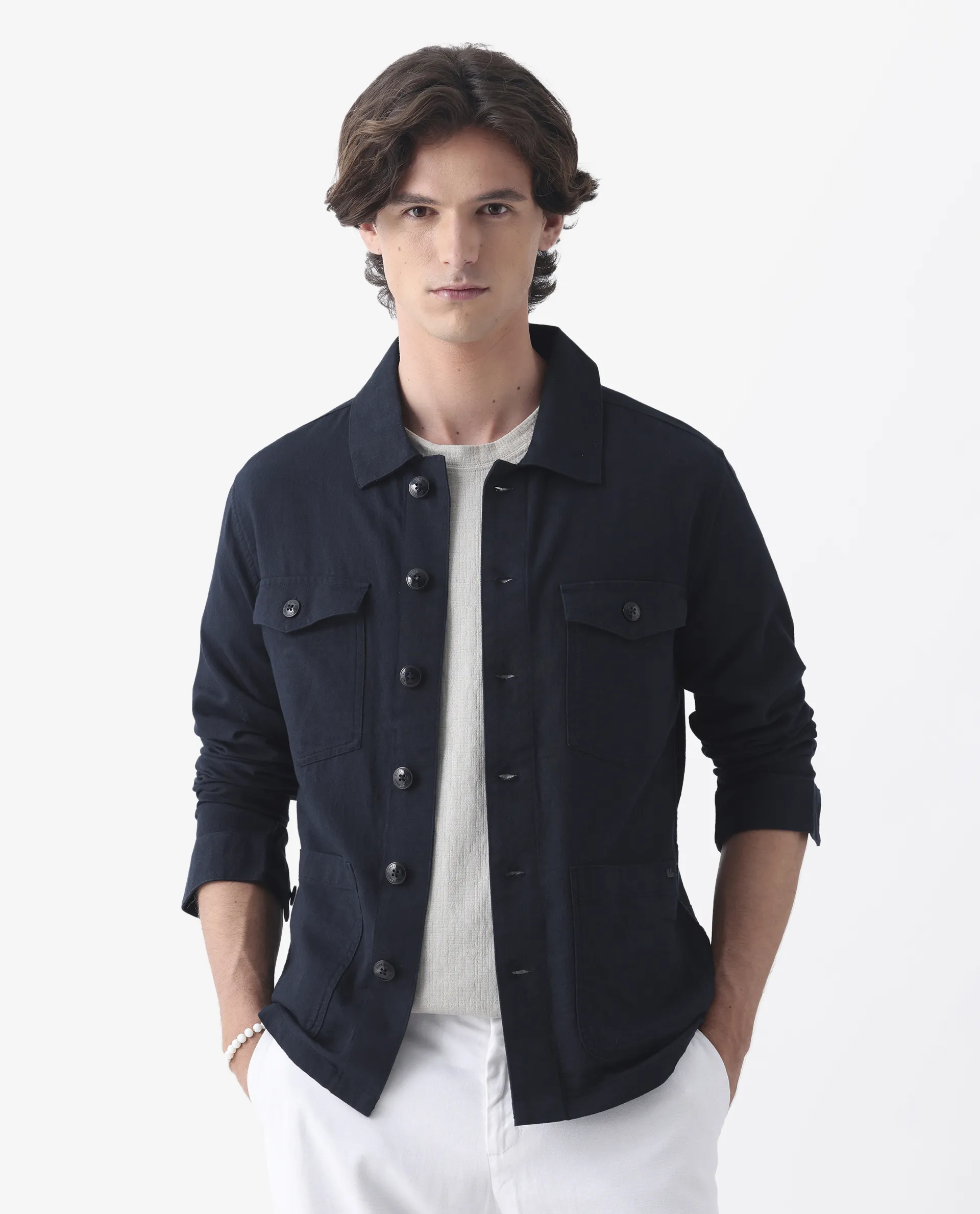 Rare Rabbit Men's Gatton Navy Linen Blend Plain Regular Fit Full Sleeve Spread Collar Jacket - Image 2