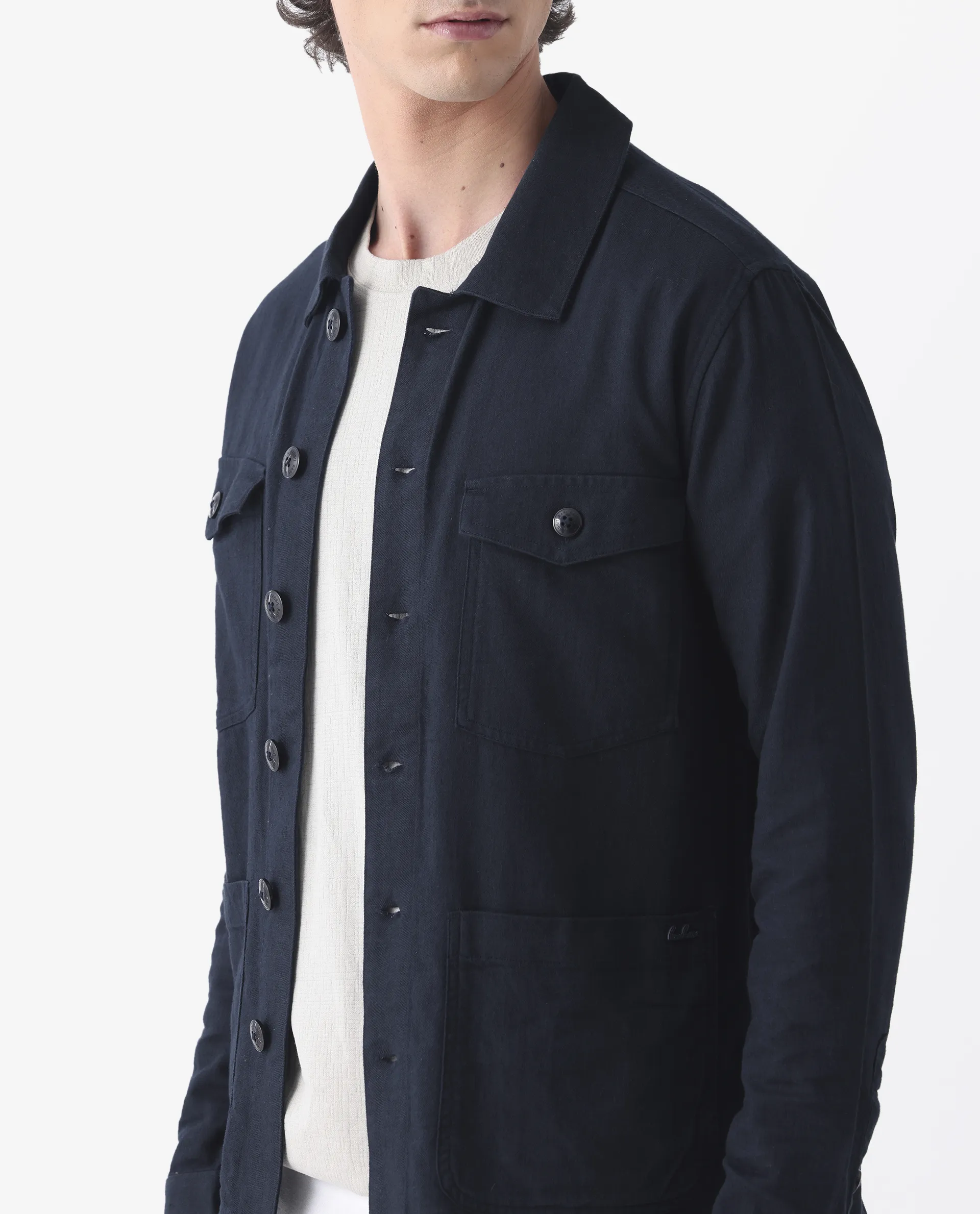 Rare Rabbit Men's Gatton Navy Linen Blend Plain Regular Fit Full Sleeve Spread Collar Jacket - Image 3