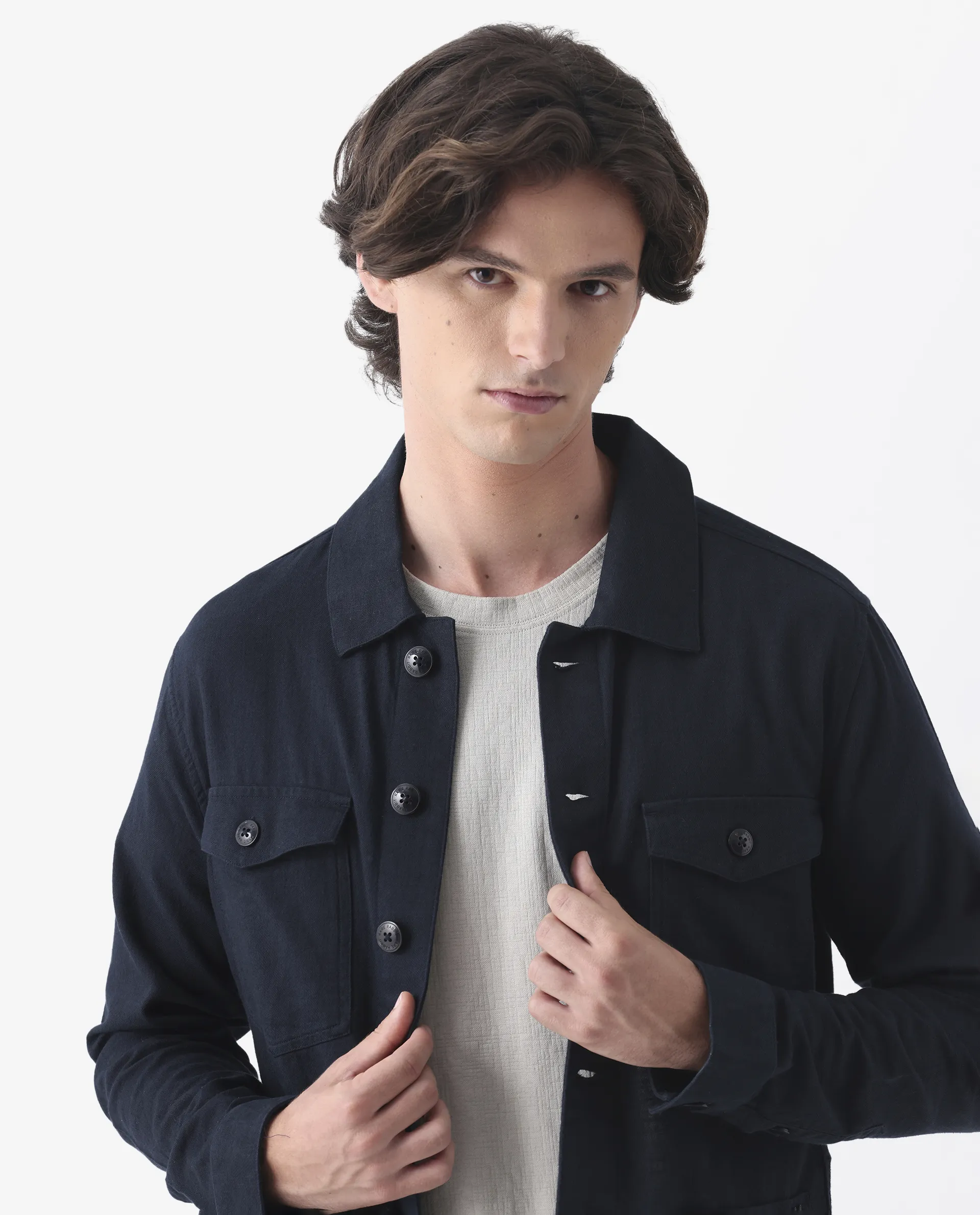 Rare Rabbit Men's Gatton Navy Linen Blend Plain Regular Fit Full Sleeve Spread Collar Jacket - Image 4