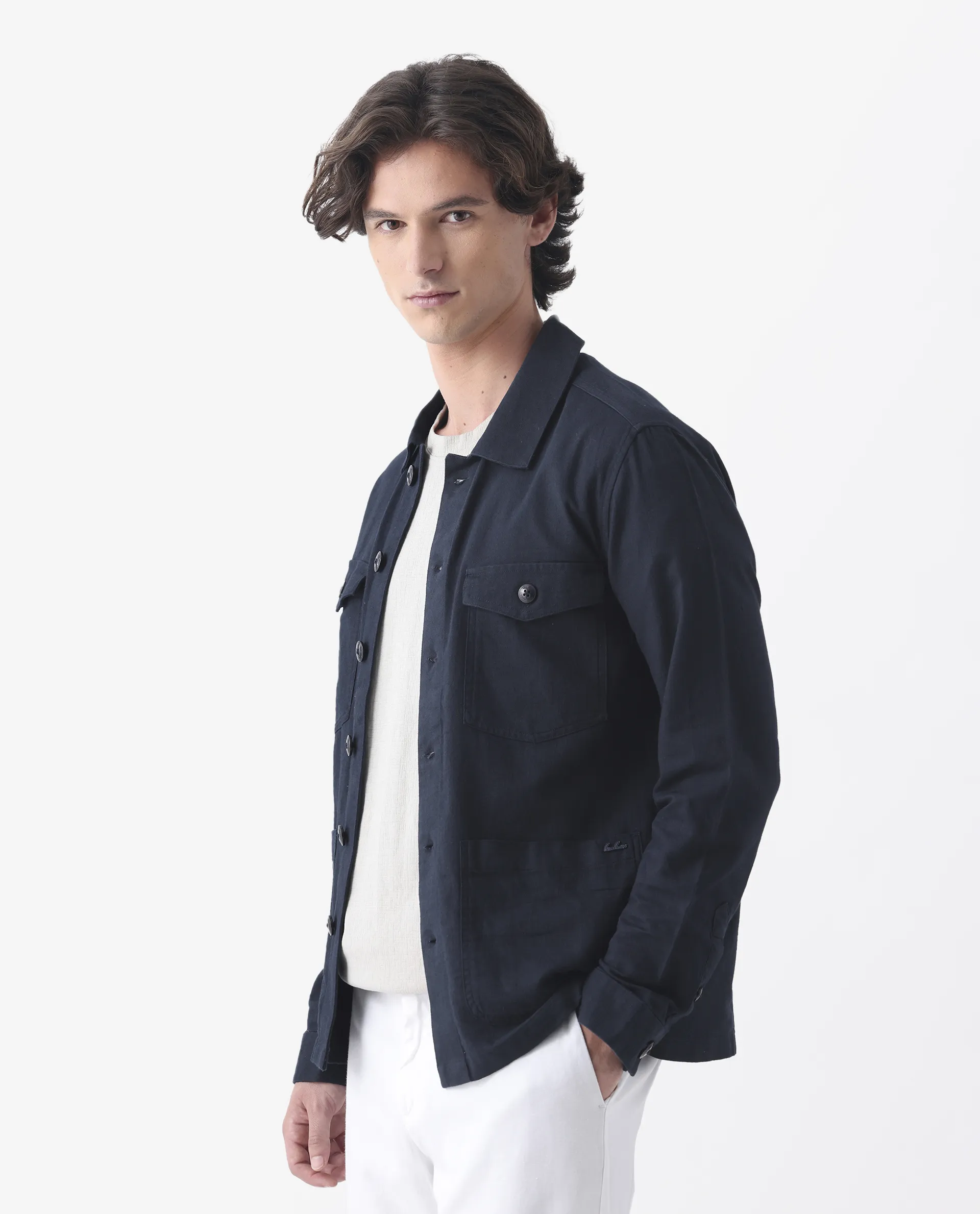 Rare Rabbit Men's Gatton Navy Linen Blend Plain Regular Fit Full Sleeve Spread Collar Jacket - Image 5