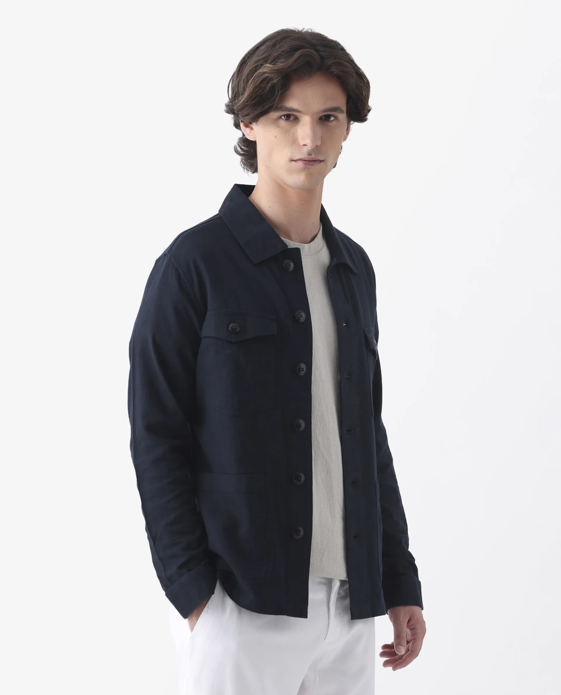 Rare Rabbit Men's Gatton Navy Linen Blend Plain Regular Fit Full Sleeve Spread Collar Jacket - Image 6