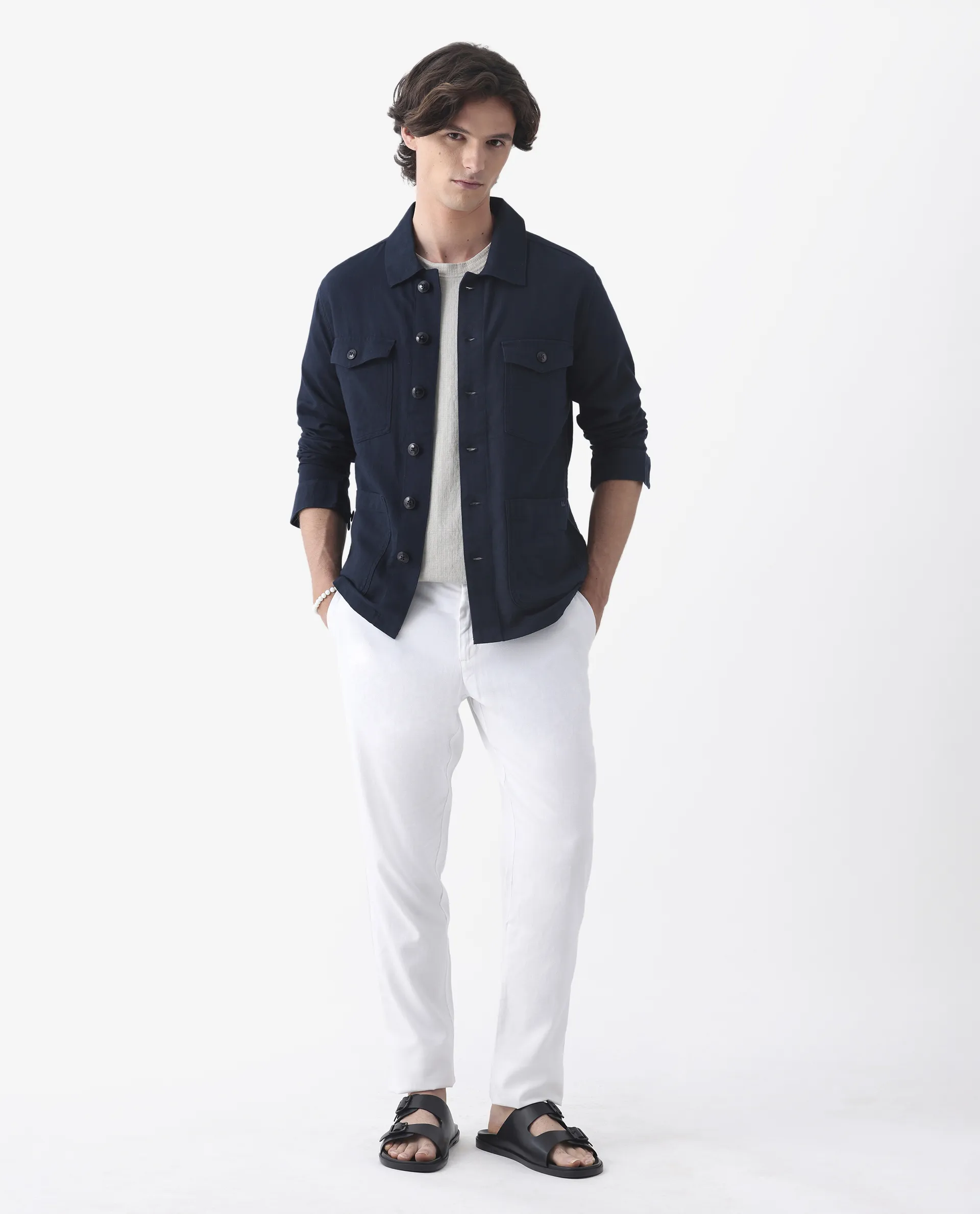Rare Rabbit Men's Gatton Navy Linen Blend Plain Regular Fit Full Sleeve Spread Collar Jacket - Image 7