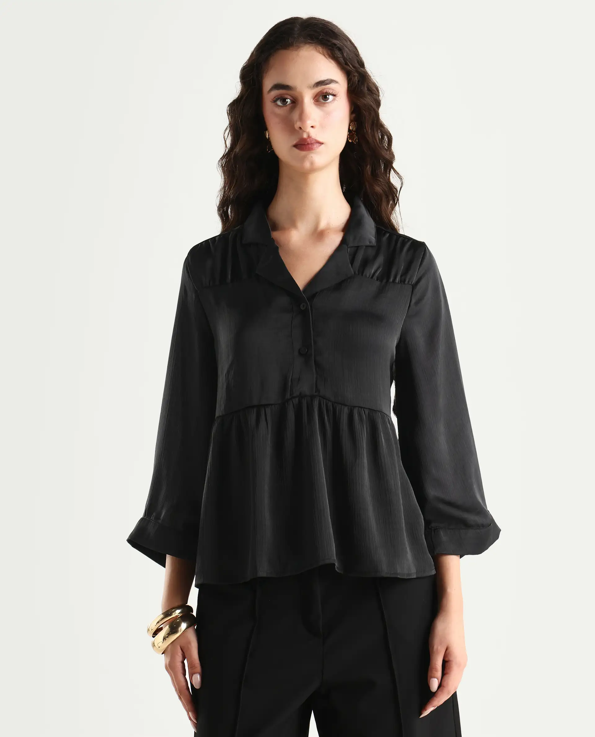 Rareism Women's Gaurerro Black Polyester Lapel Neck Plain Regular Fit Top - Image 3