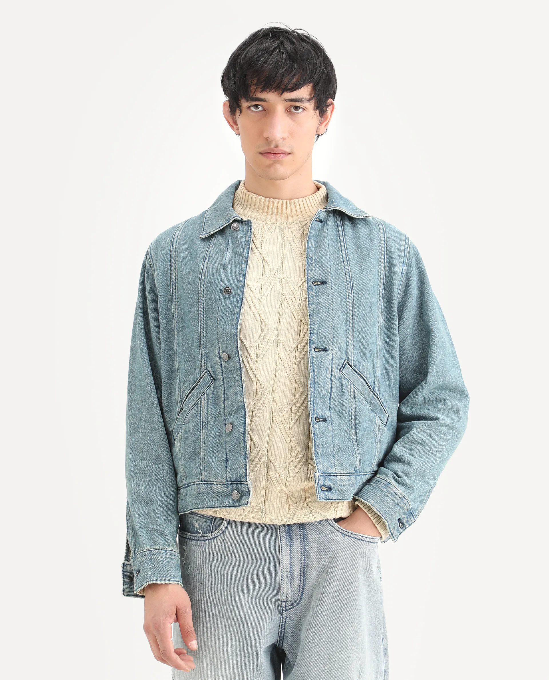 Rare Rabbit Men's Gausst Blue Cotton Plain Regular Fit Full Sleeve Spread Collar Jacket - Image 3