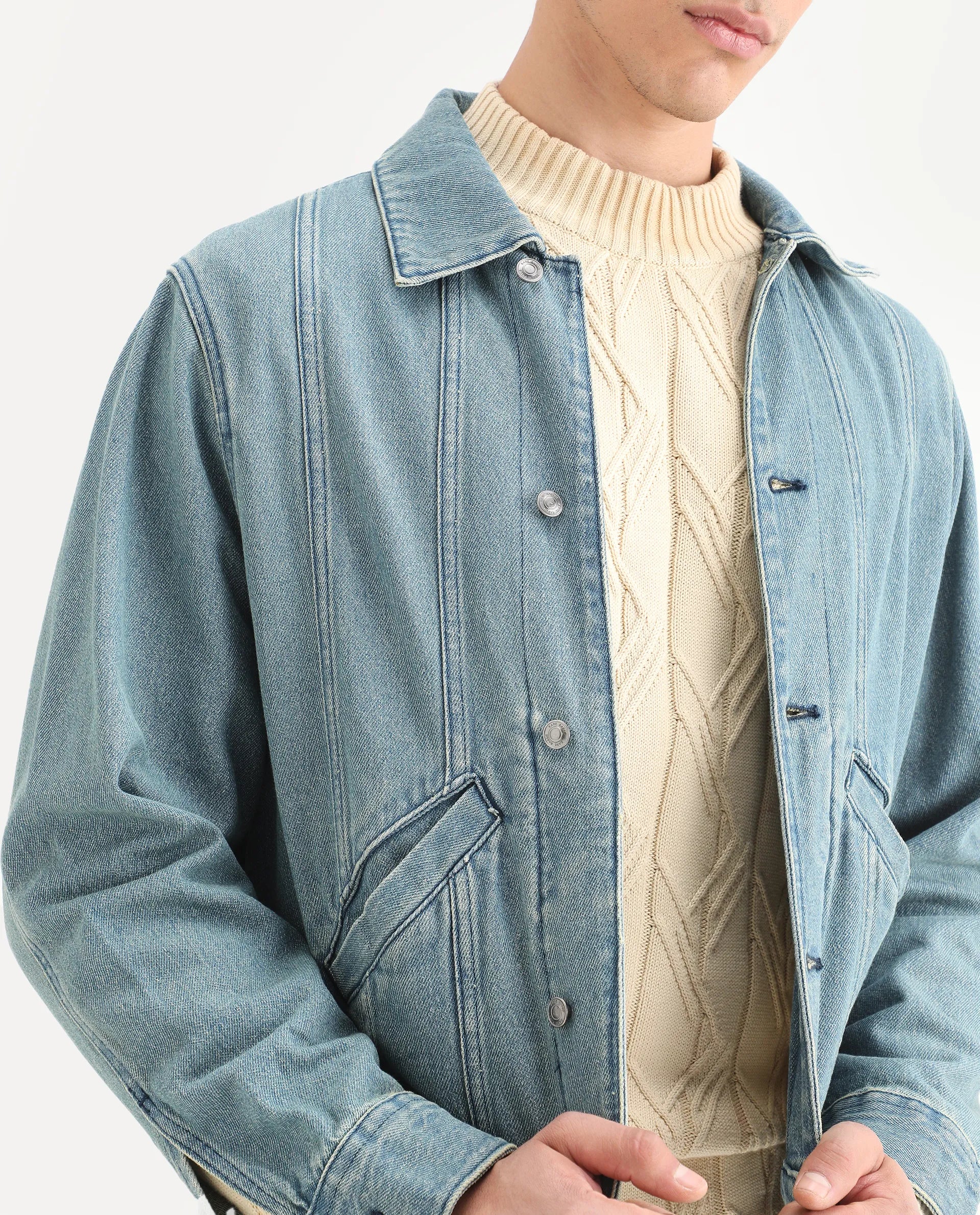Rare Rabbit Men's Gausst Blue Cotton Plain Regular Fit Full Sleeve Spread Collar Jacket - Image 4