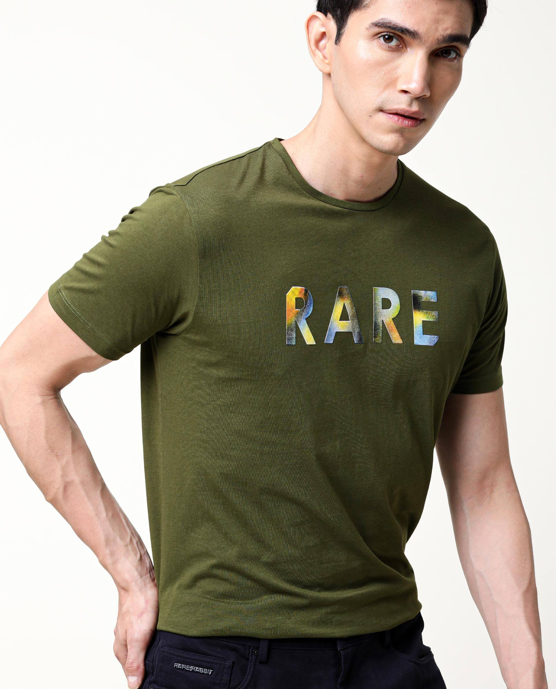 Rare Rabbit Men's Gavin Green Cotton Graphic Print Regular Fit Half Sleeve Crew Neck T-Shirt - Image 3