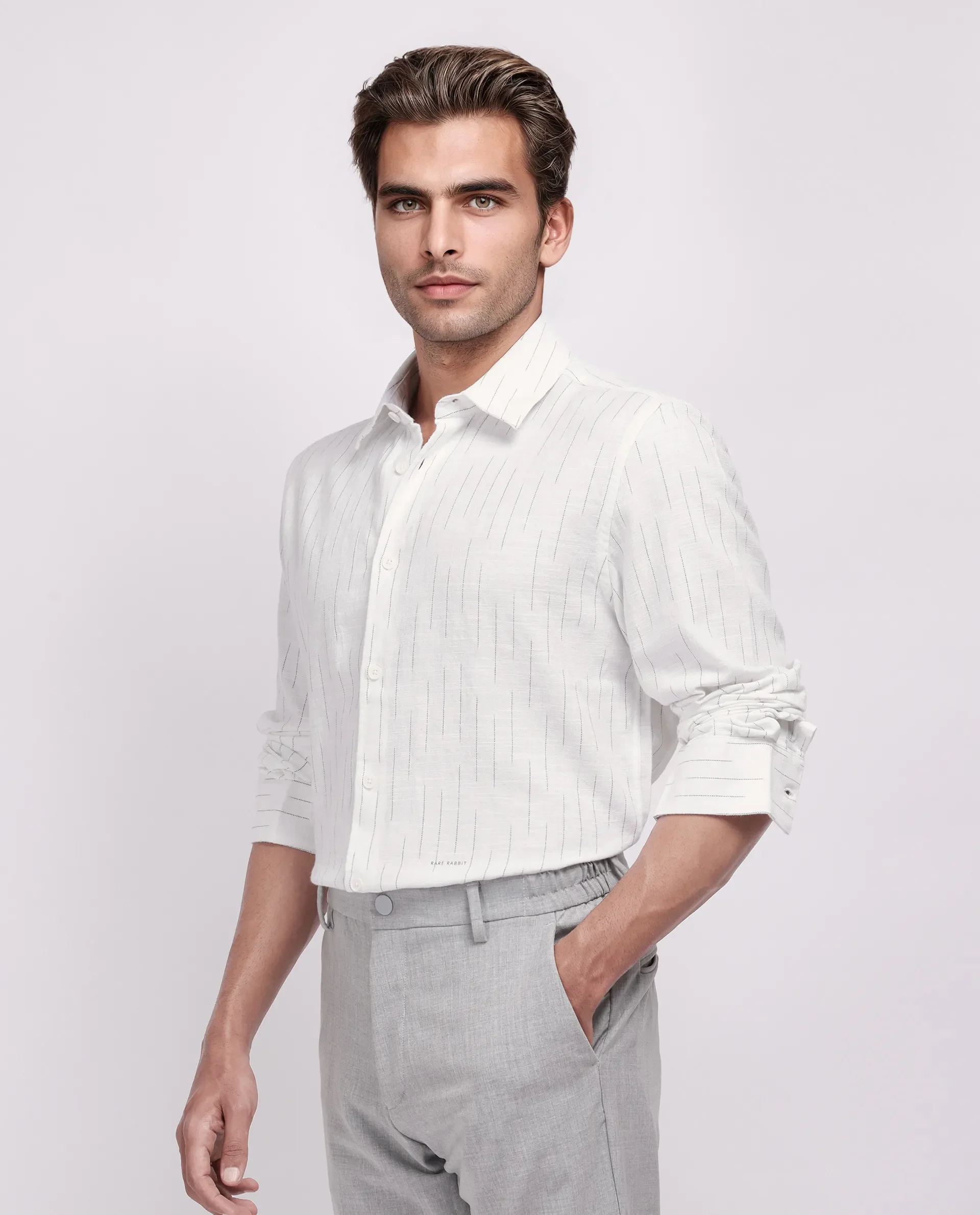 Rare Rabbit Men's Gawa White Cotton Striped Print Regular Fit Full Sleeve Collared Shirt - Image 5