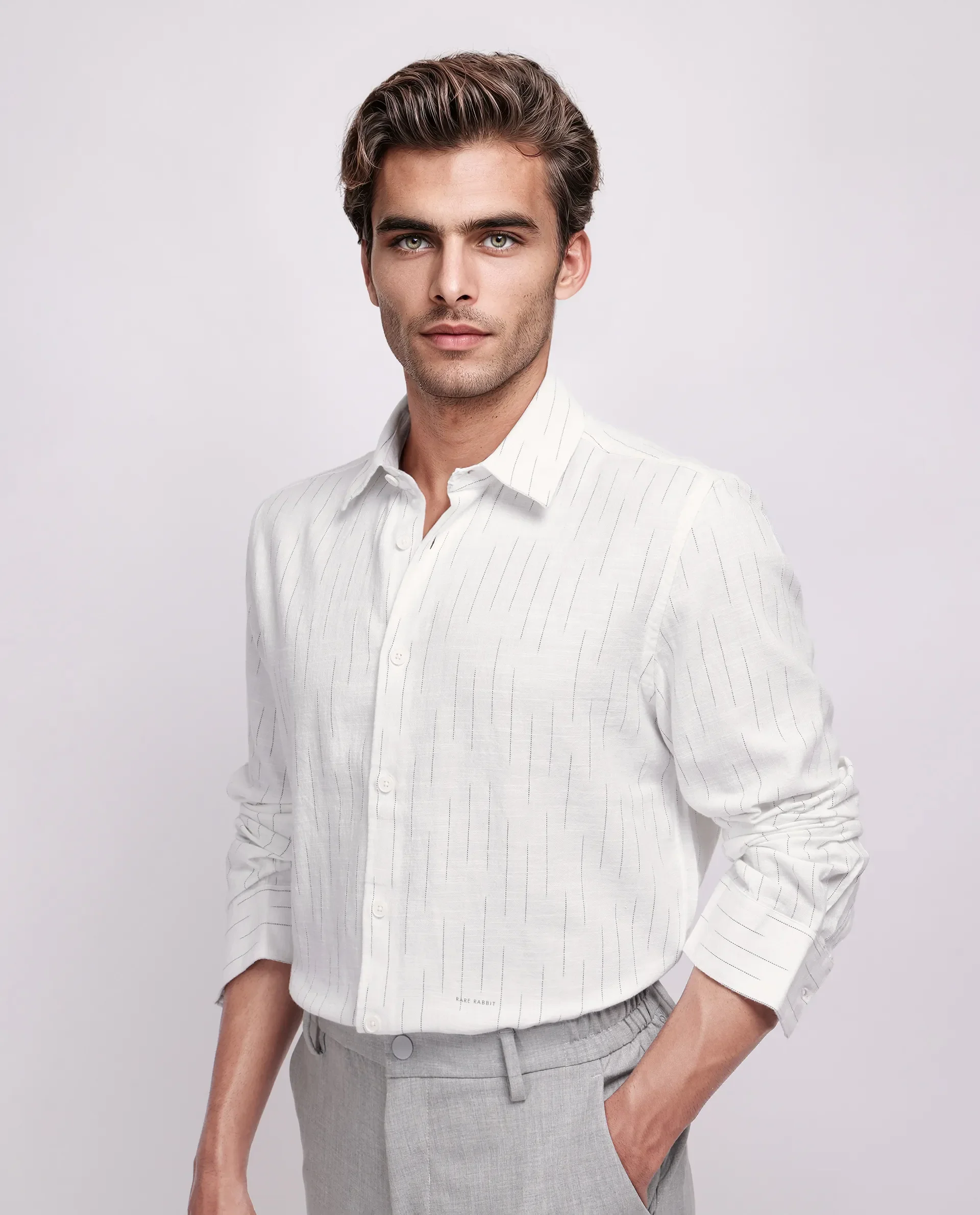 Rare Rabbit Men's Gawa White Cotton Striped Print Regular Fit Full Sleeve Collared Shirt - Image 8