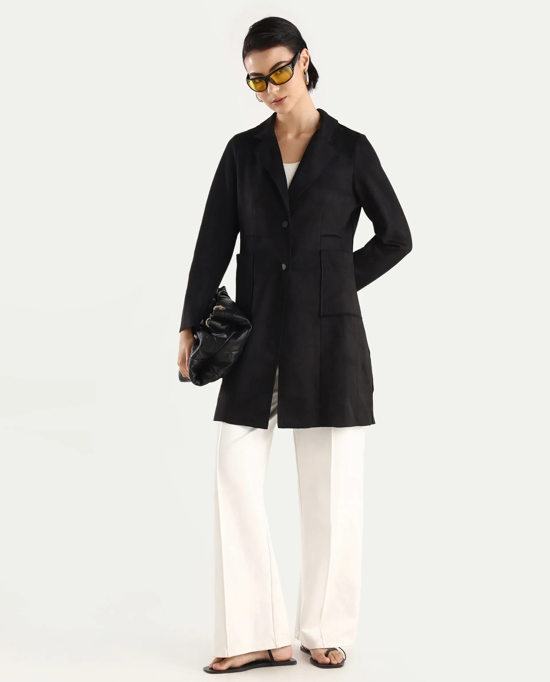 Rareism Women's Gawler Black Suede Lapel Neck Plain Midi Regular Fit Jacket - Image 2