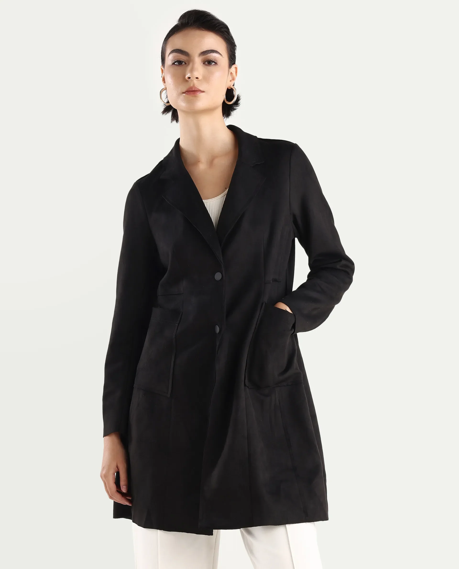 Rareism Women's Gawler Black Suede Lapel Neck Plain Midi Regular Fit Jacket - Image 3