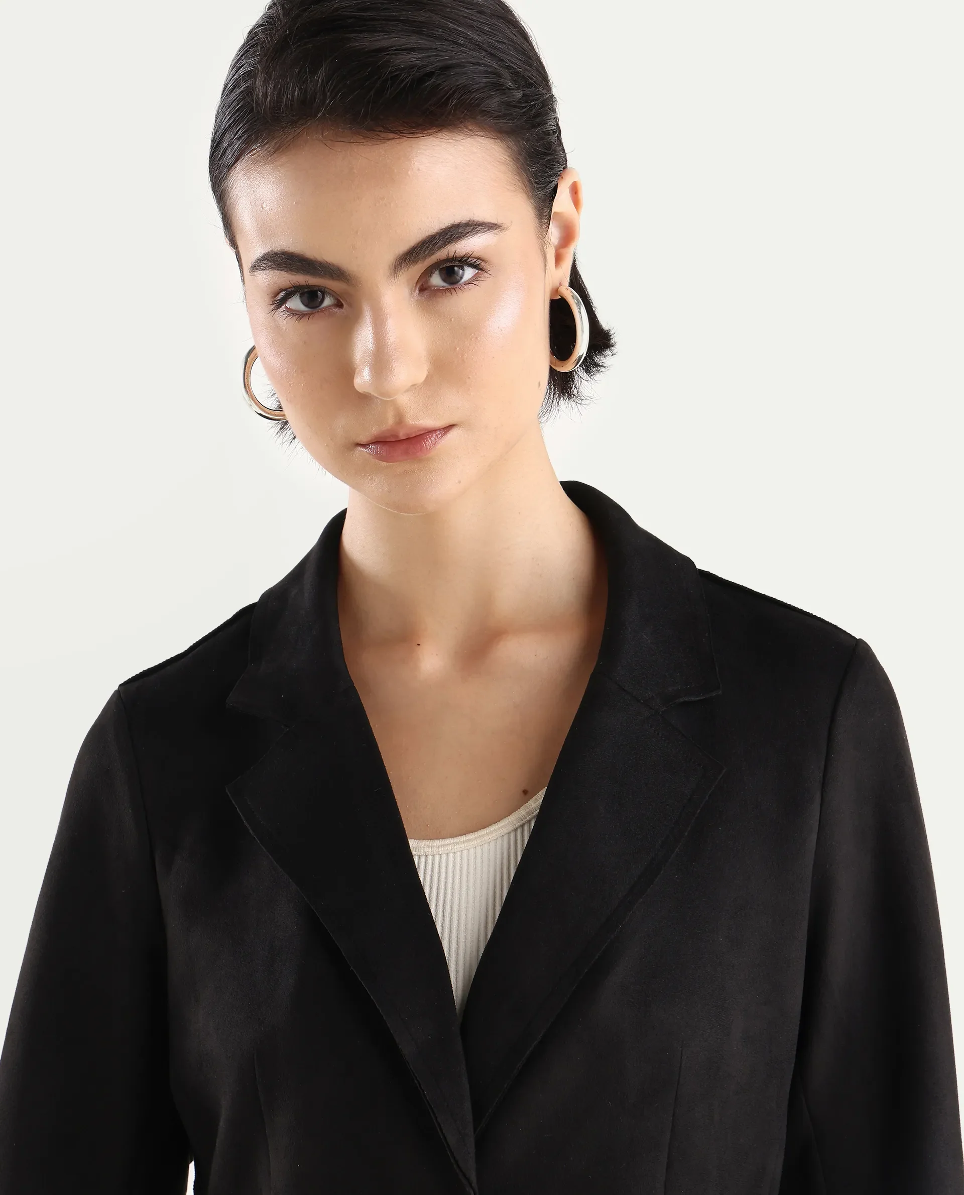 Rareism Women's Gawler Black Suede Lapel Neck Plain Midi Regular Fit Jacket - Image 4