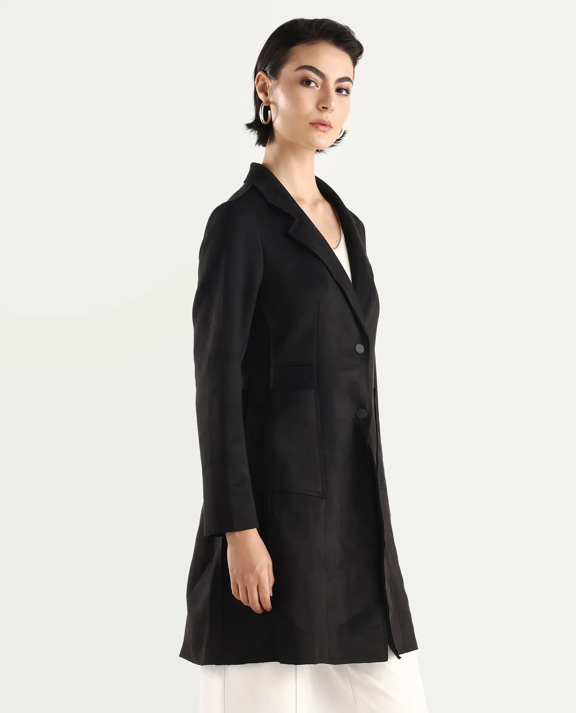 Rareism Women's Gawler Black Suede Lapel Neck Plain Midi Regular Fit Jacket - Image 5