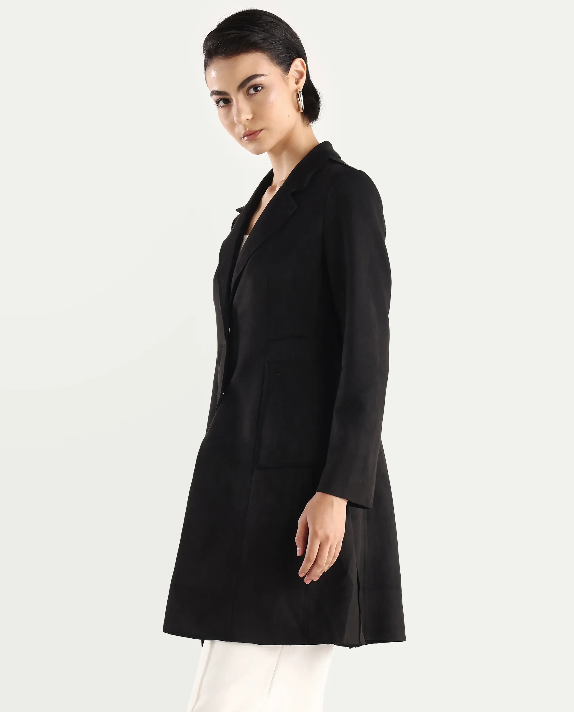 Rareism Women's Gawler Black Suede Lapel Neck Plain Midi Regular Fit Jacket - Image 6