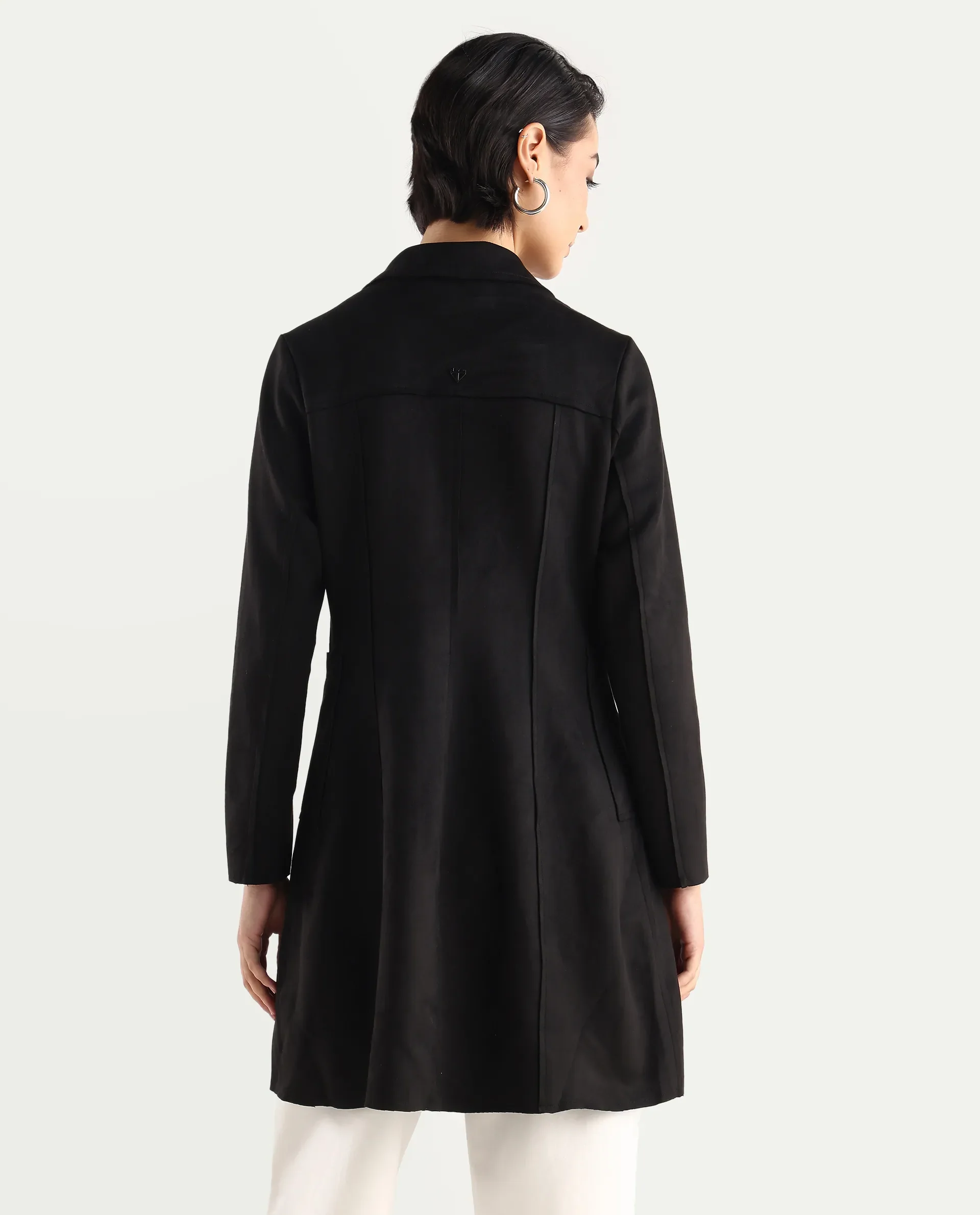 Rareism Women's Gawler Black Suede Lapel Neck Plain Midi Regular Fit Jacket - Image 7