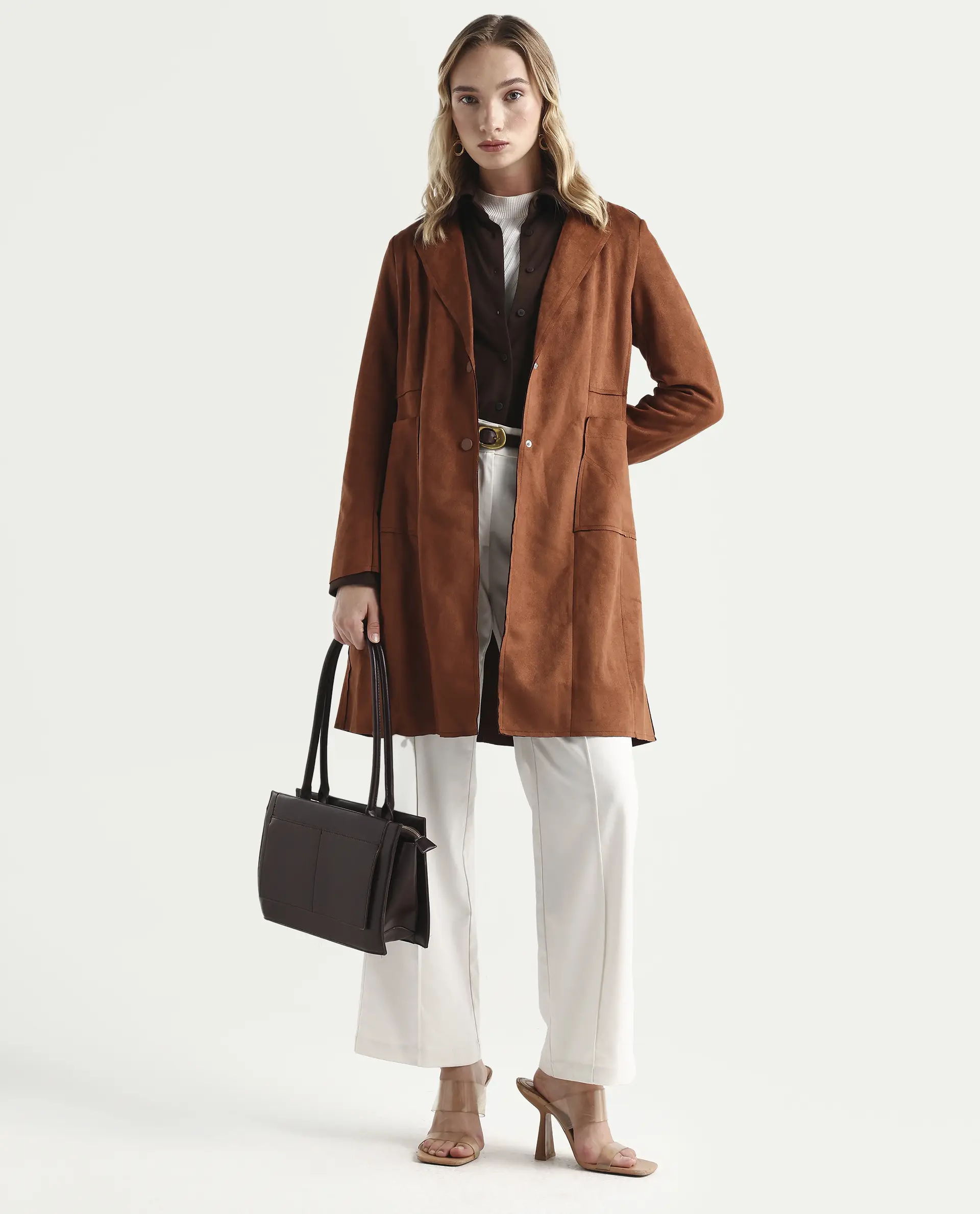 Rareism Women's Gawler Tan Suede Lapel Neck Plain Regular Fit Jacket - Image 2