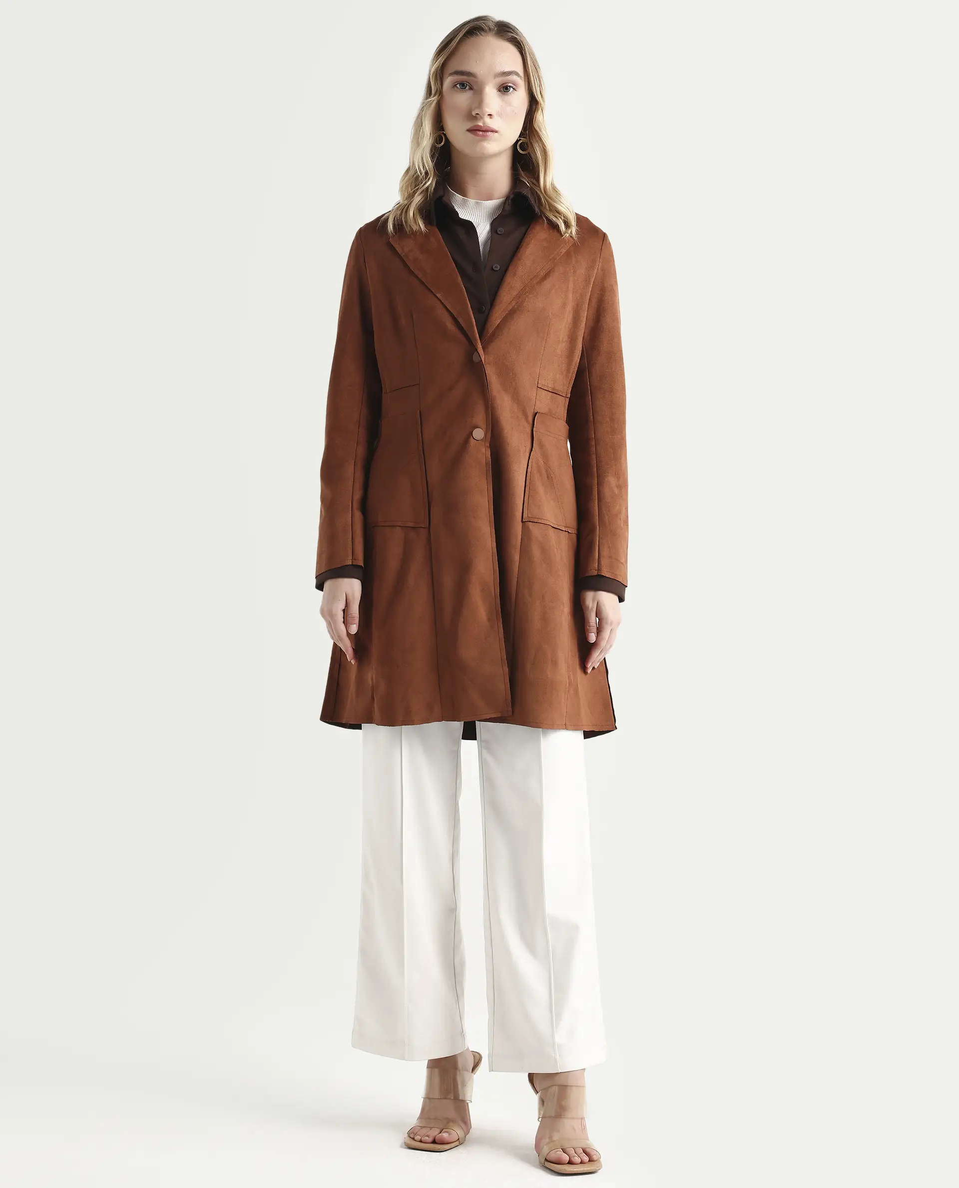 Rareism Women's Gawler Tan Suede Lapel Neck Plain Regular Fit Jacket - Image 3