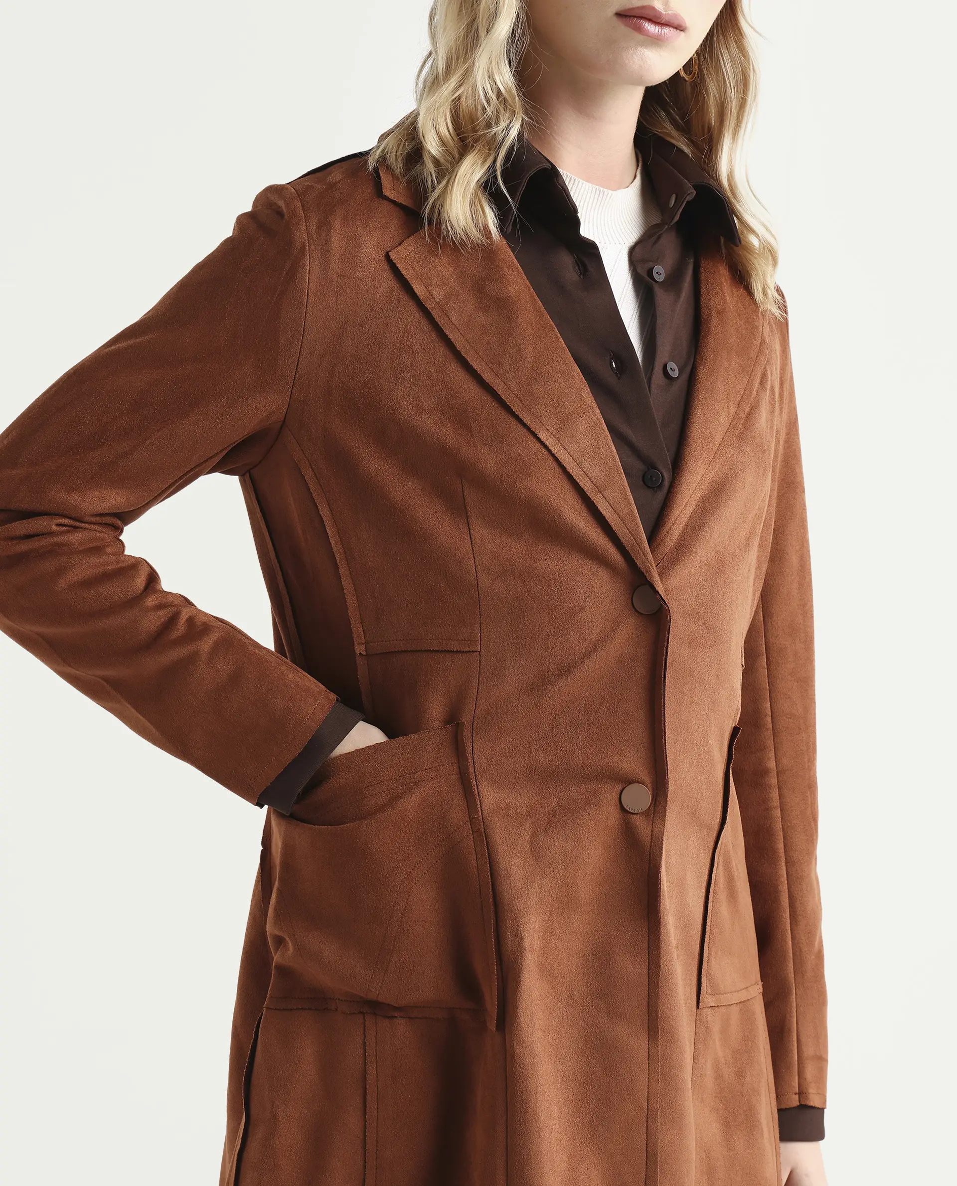 Rareism Women's Gawler Tan Suede Lapel Neck Plain Regular Fit Jacket - Image 4