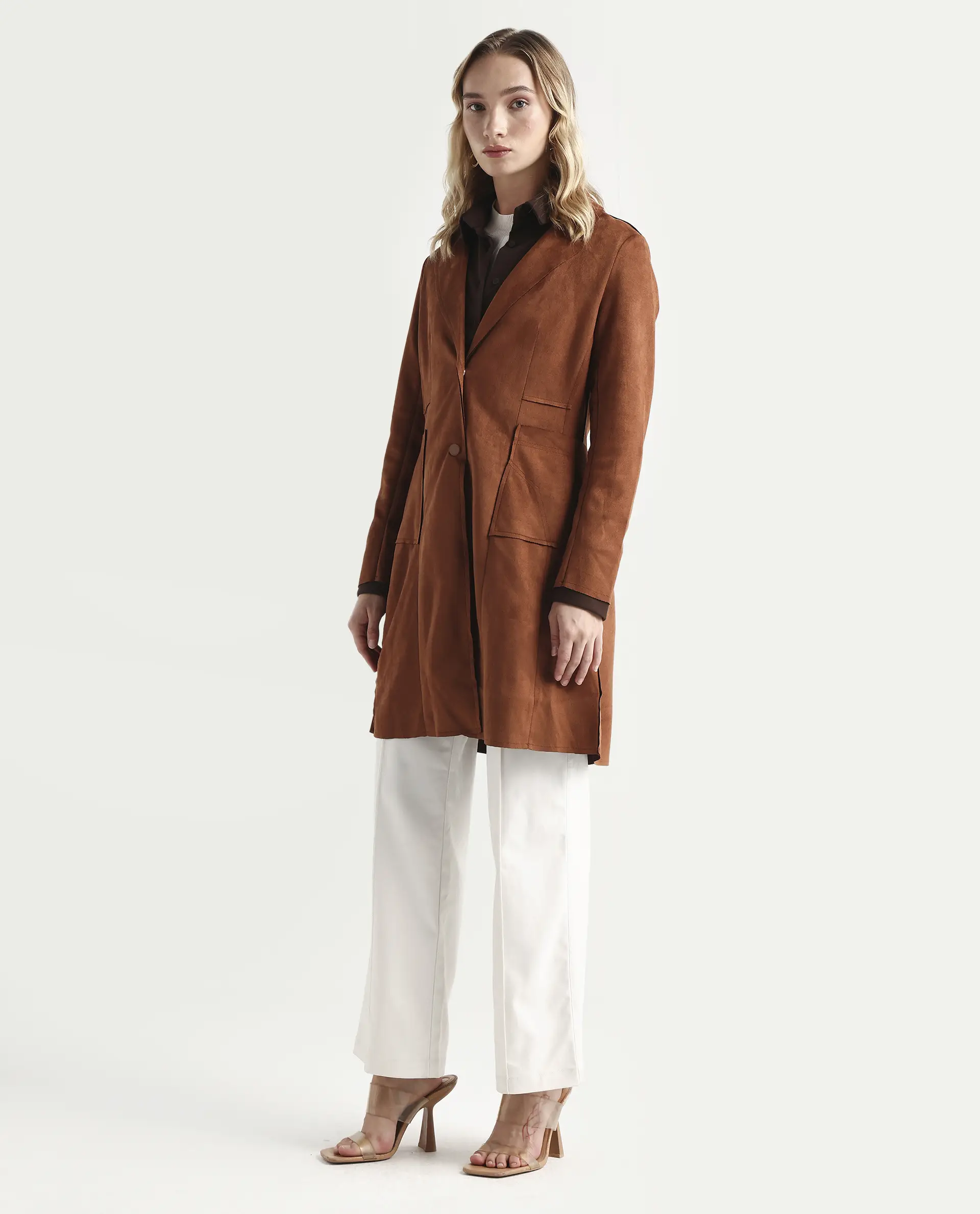 Rareism Women's Gawler Tan Suede Lapel Neck Plain Regular Fit Jacket - Image 5