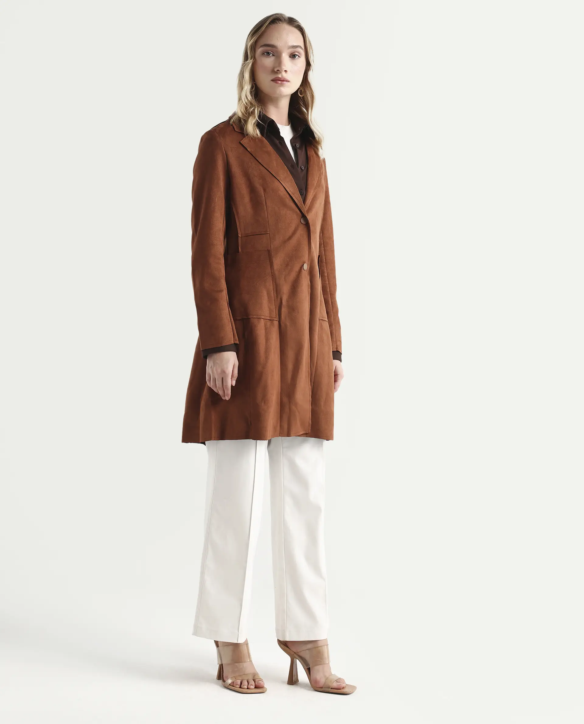 Rareism Women's Gawler Tan Suede Lapel Neck Plain Regular Fit Jacket - Image 6