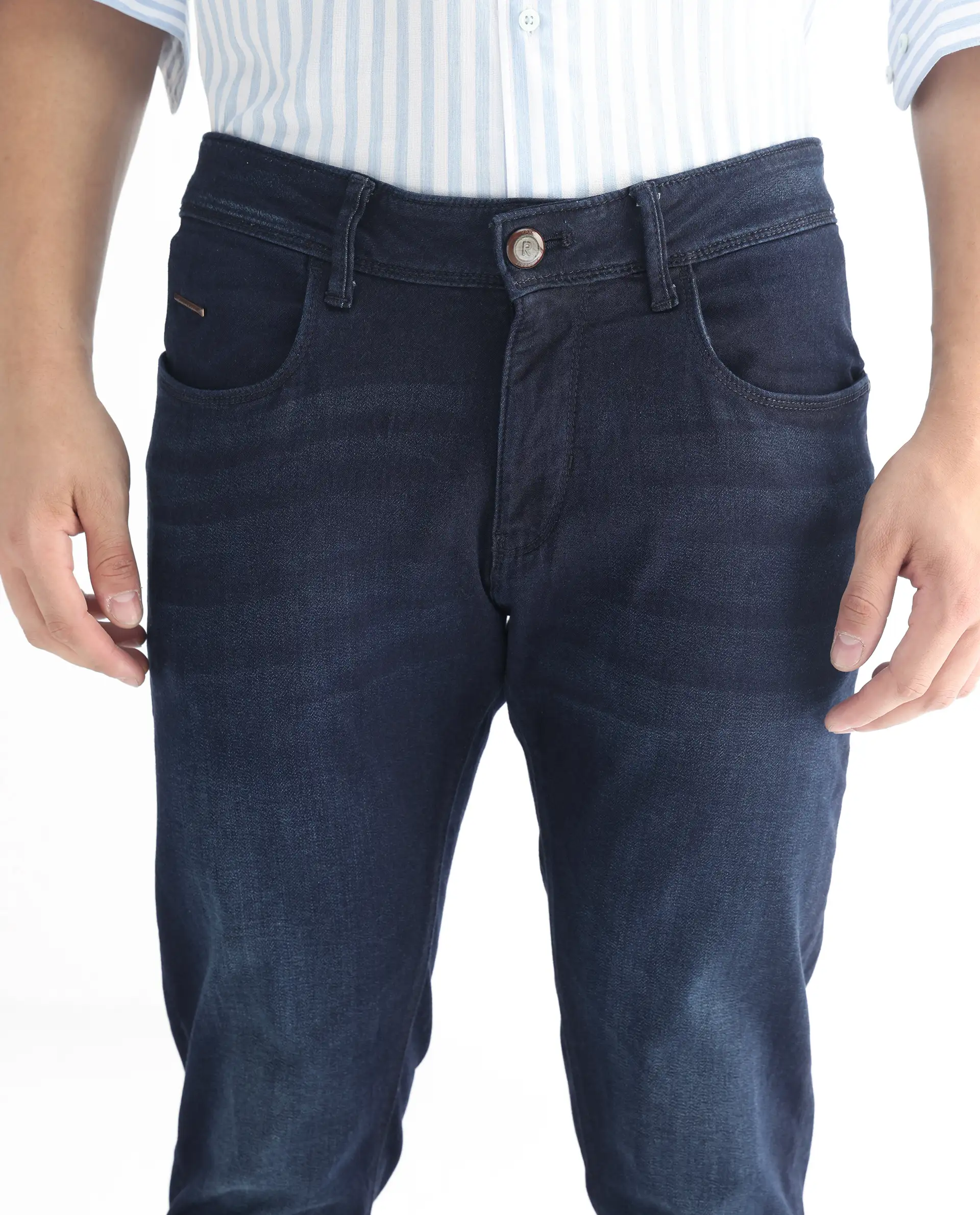 Rare Rabbit Men's Gaza Blue Cotton Plain Hawk Slim Fit Jeans - Image 3