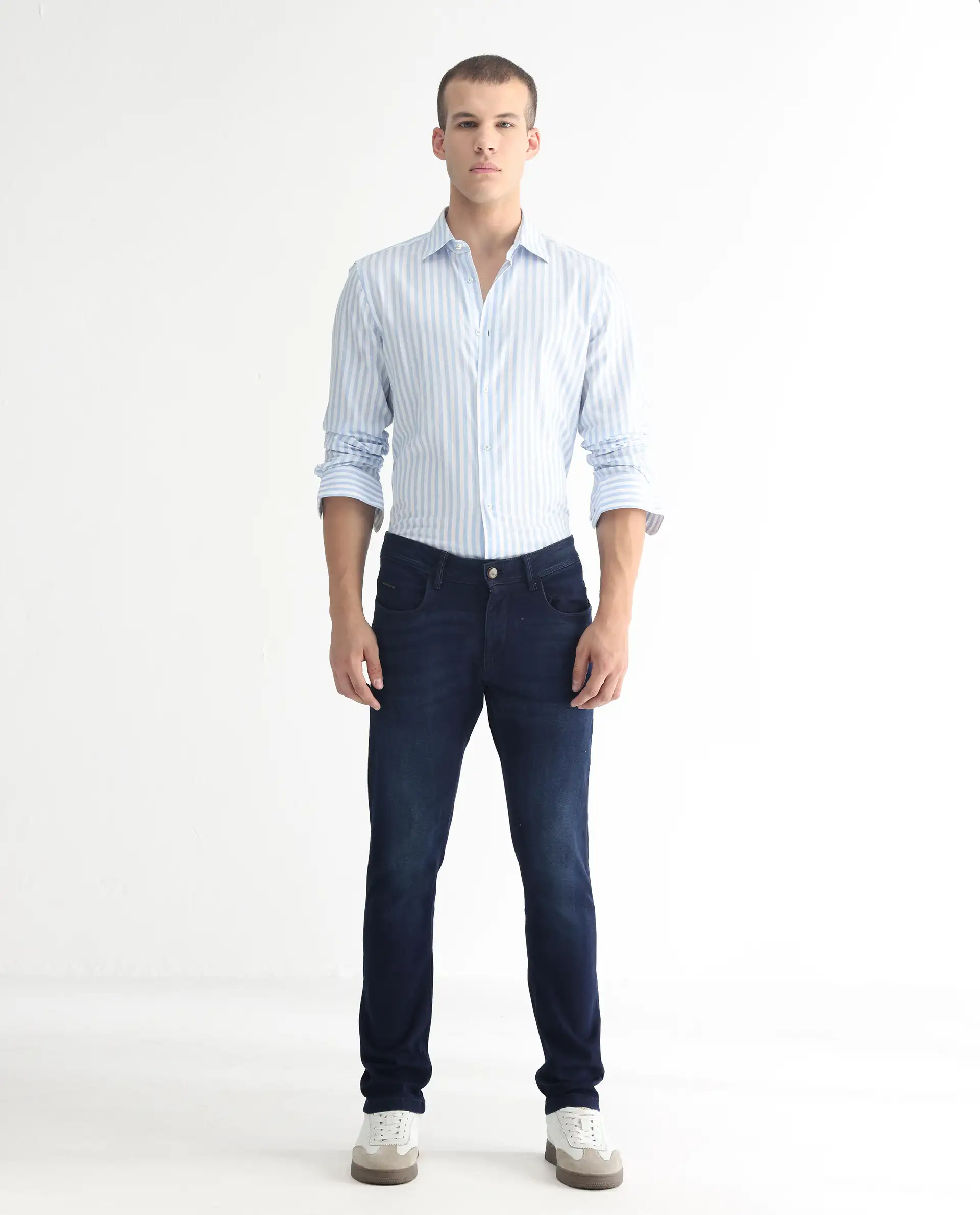 Rare Rabbit Men's Gaza Blue Cotton Plain Hawk Slim Fit Jeans - Image 4