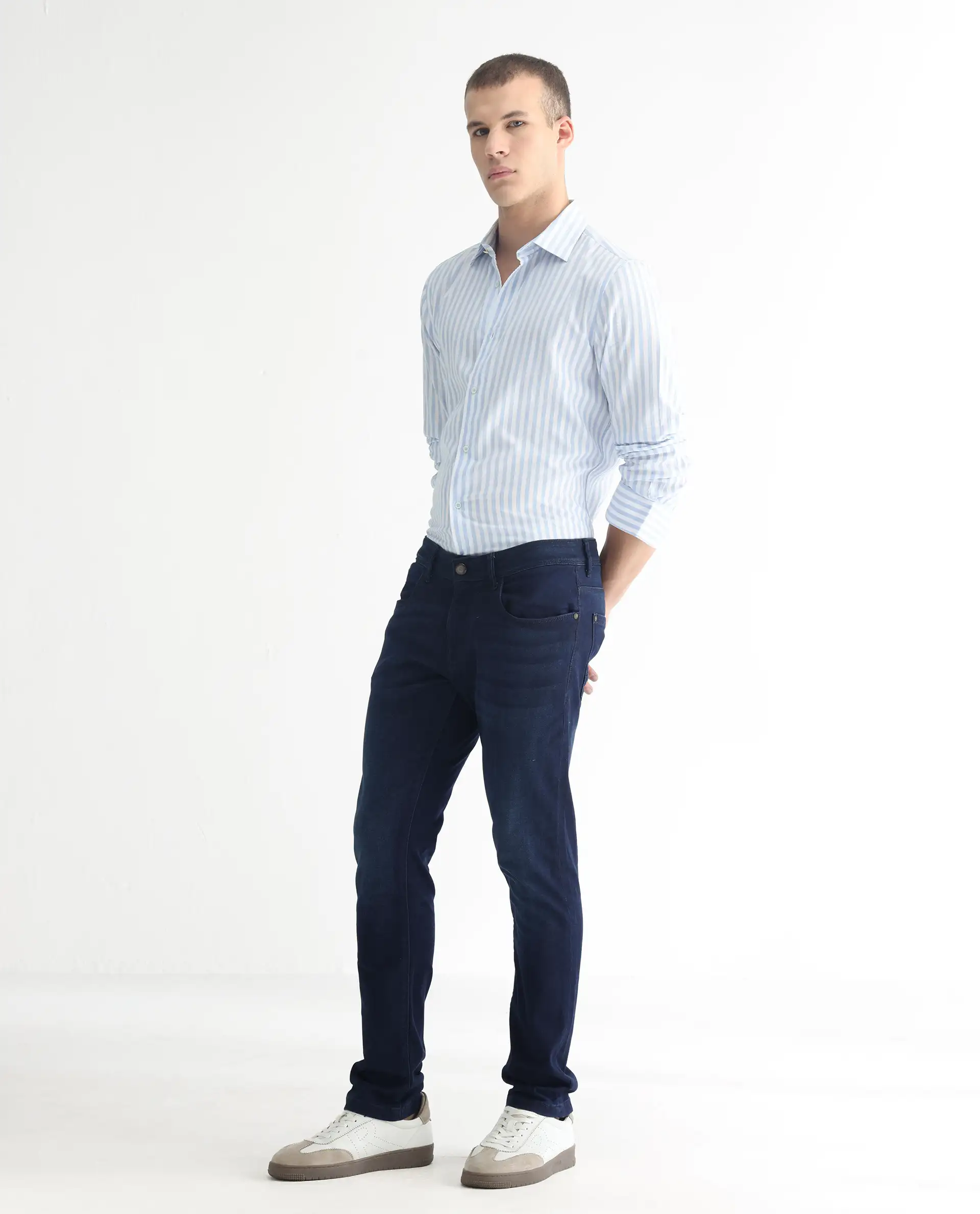 Rare Rabbit Men's Gaza Blue Cotton Plain Hawk Slim Fit Jeans - Image 5