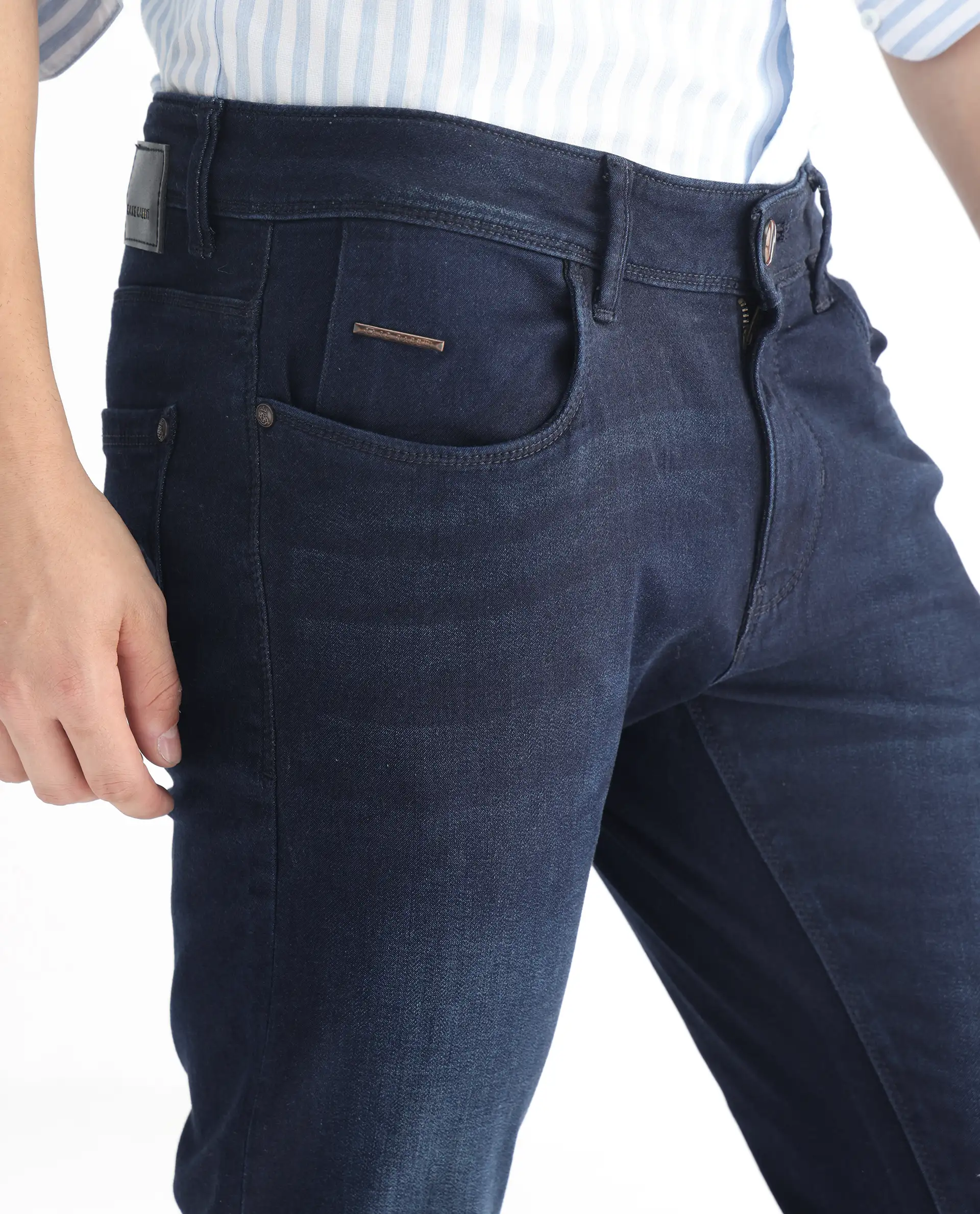 Rare Rabbit Men's Gaza Blue Cotton Plain Hawk Slim Fit Jeans - Image 6