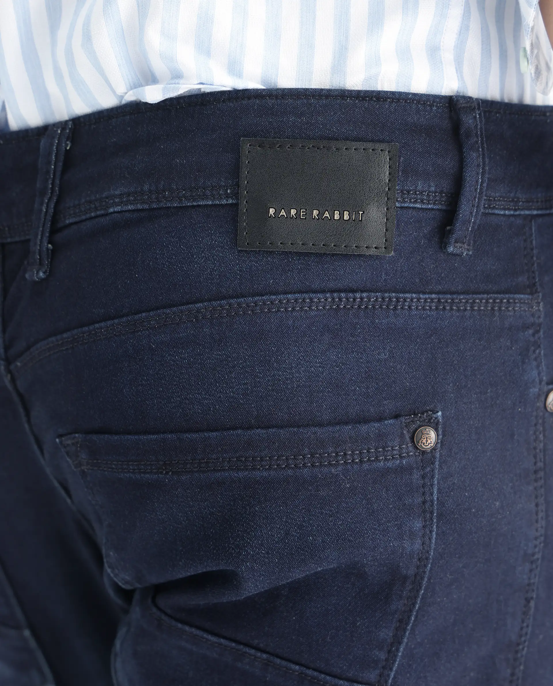 Rare Rabbit Men's Gaza Blue Cotton Plain Hawk Slim Fit Jeans - Image 7