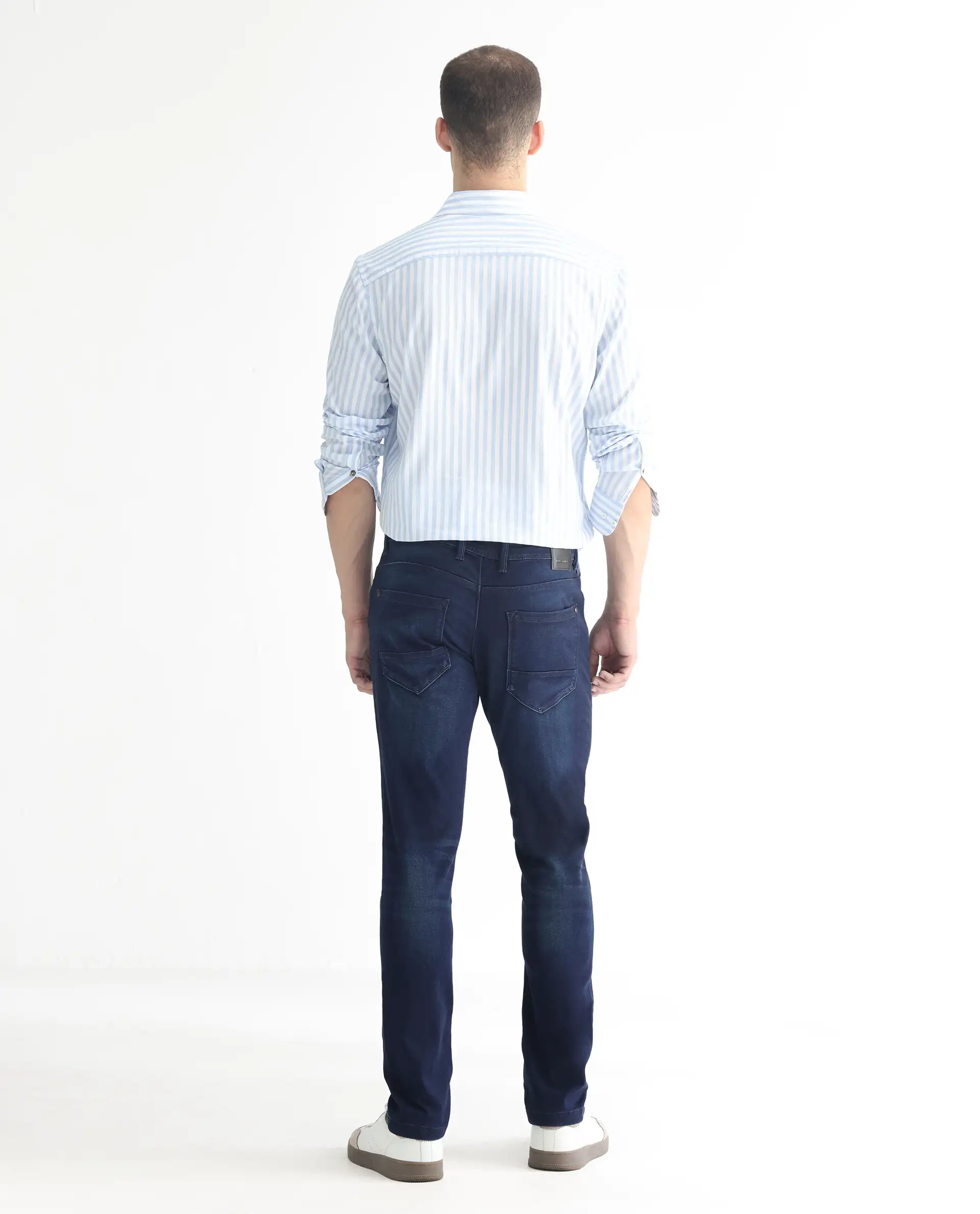 Rare Rabbit Men's Gaza Blue Cotton Plain Hawk Slim Fit Jeans - Image 8