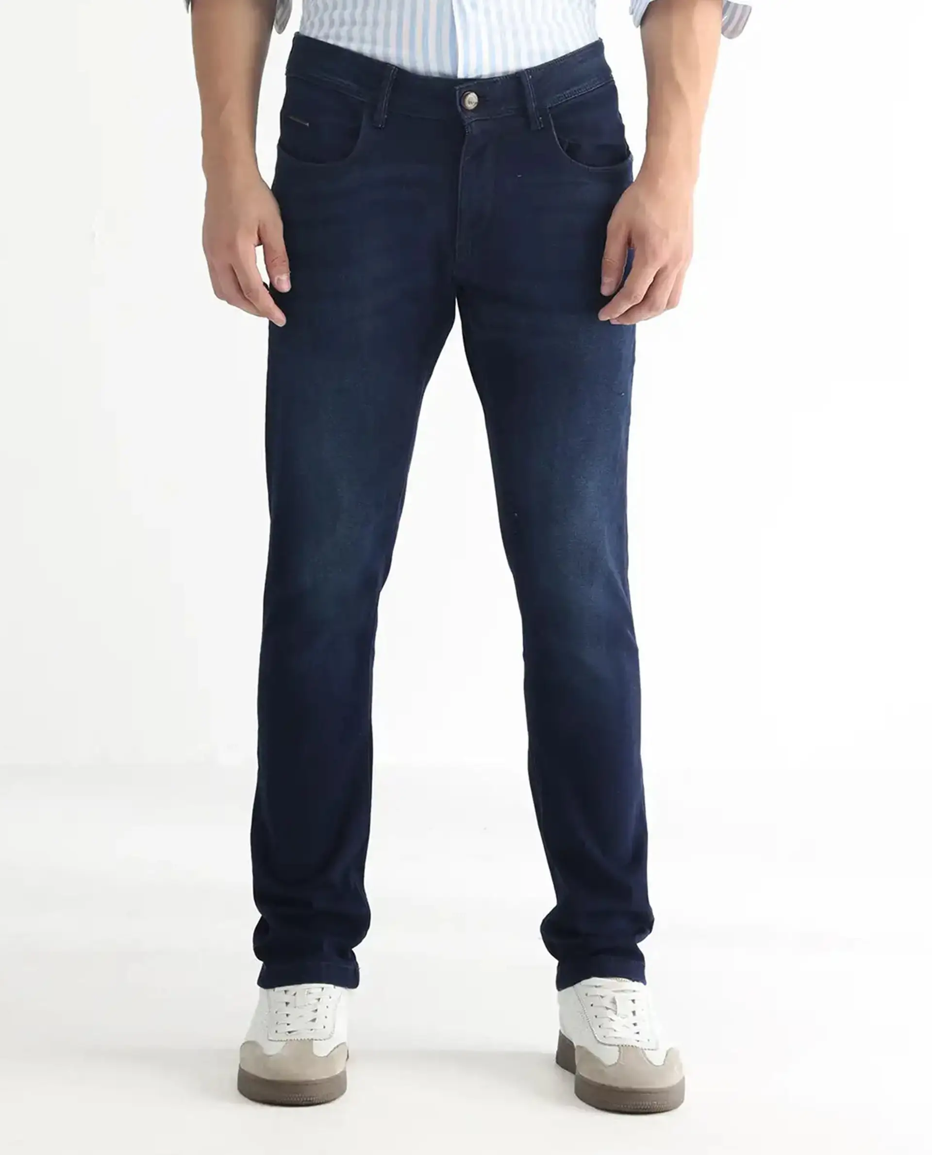 Rare Rabbit Men's Gaza Blue Cotton Plain Hawk Slim Fit Jeans - Image 9